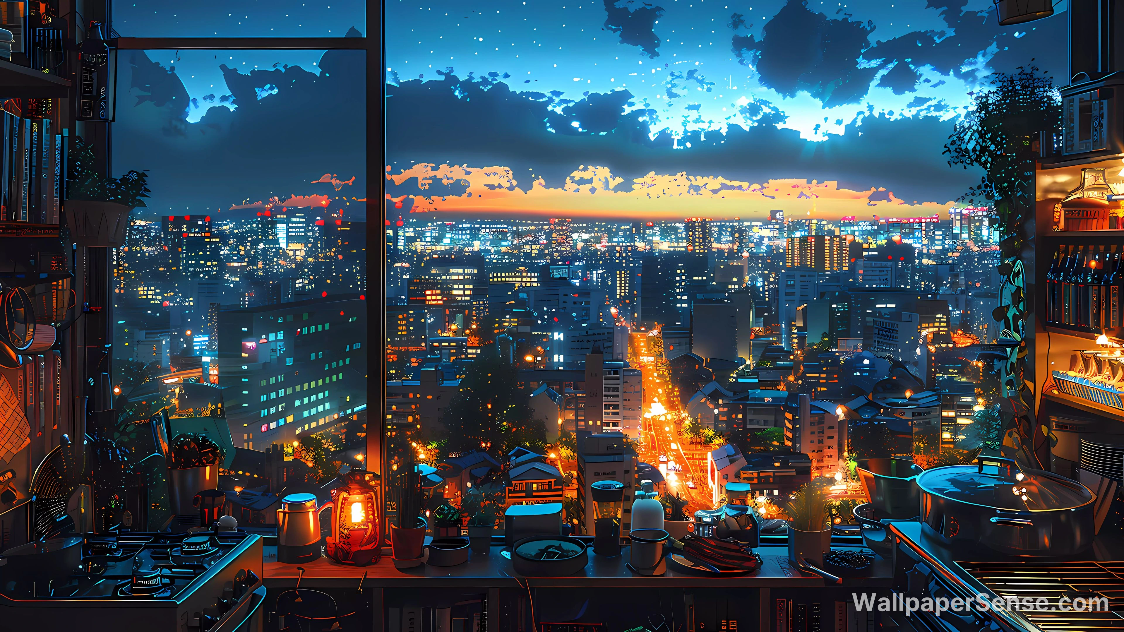 Japonský městský výhled noční obloha 8K Ultra HD stolní pozadí