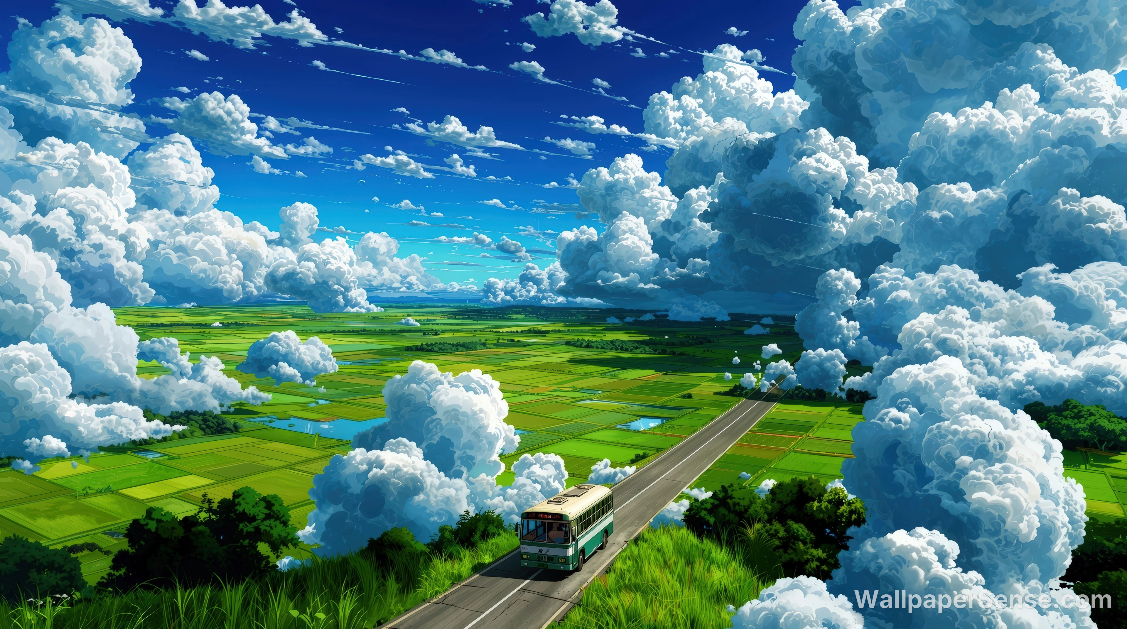 Anime-stijl landweg met bus 4K bureaublad achtergrond