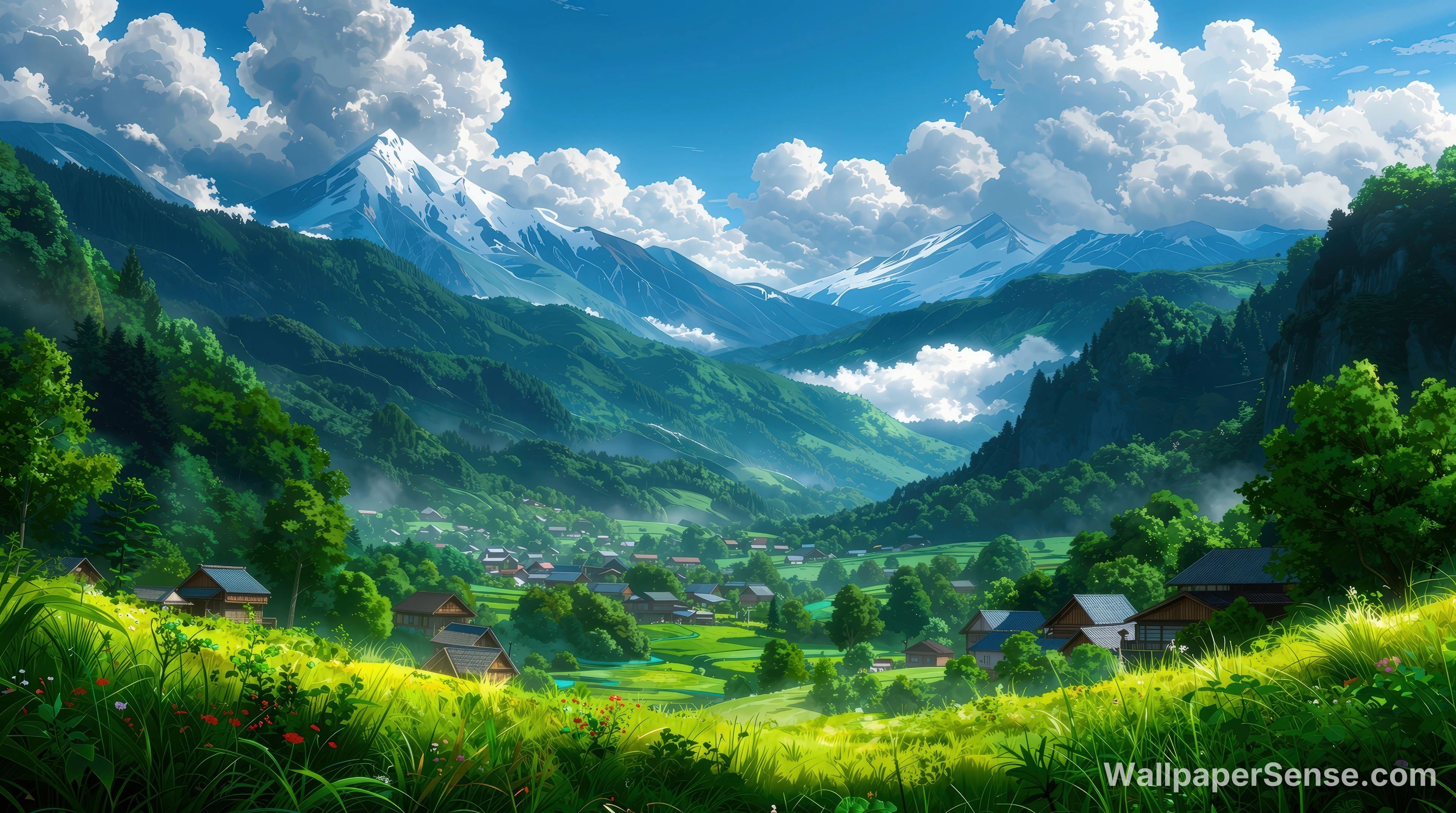 Anime-achtig bergdorp 4K bureaubladachtergrond