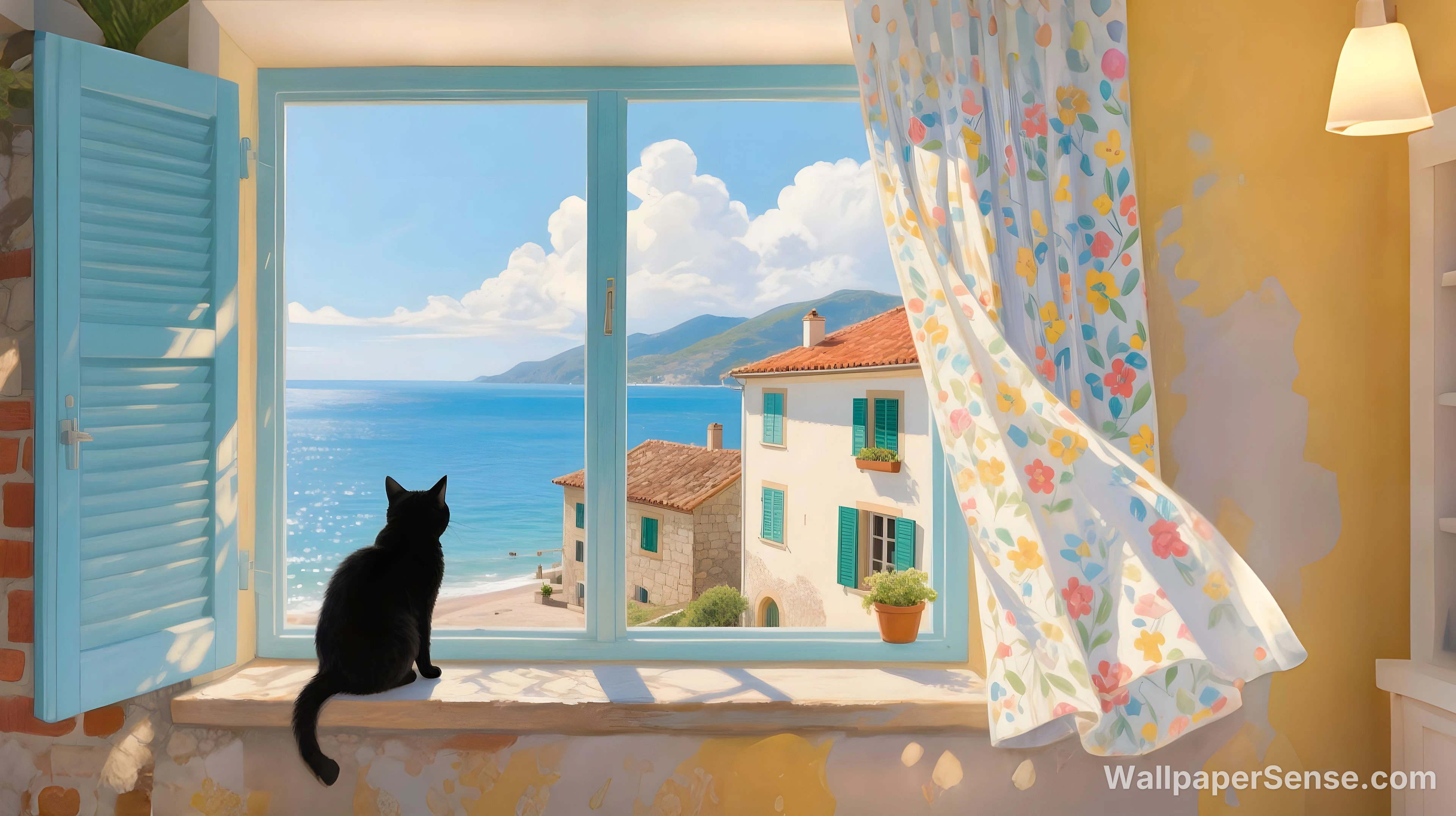 Paysage de fenêtre côtière méditerranéenne 4K pour bureau