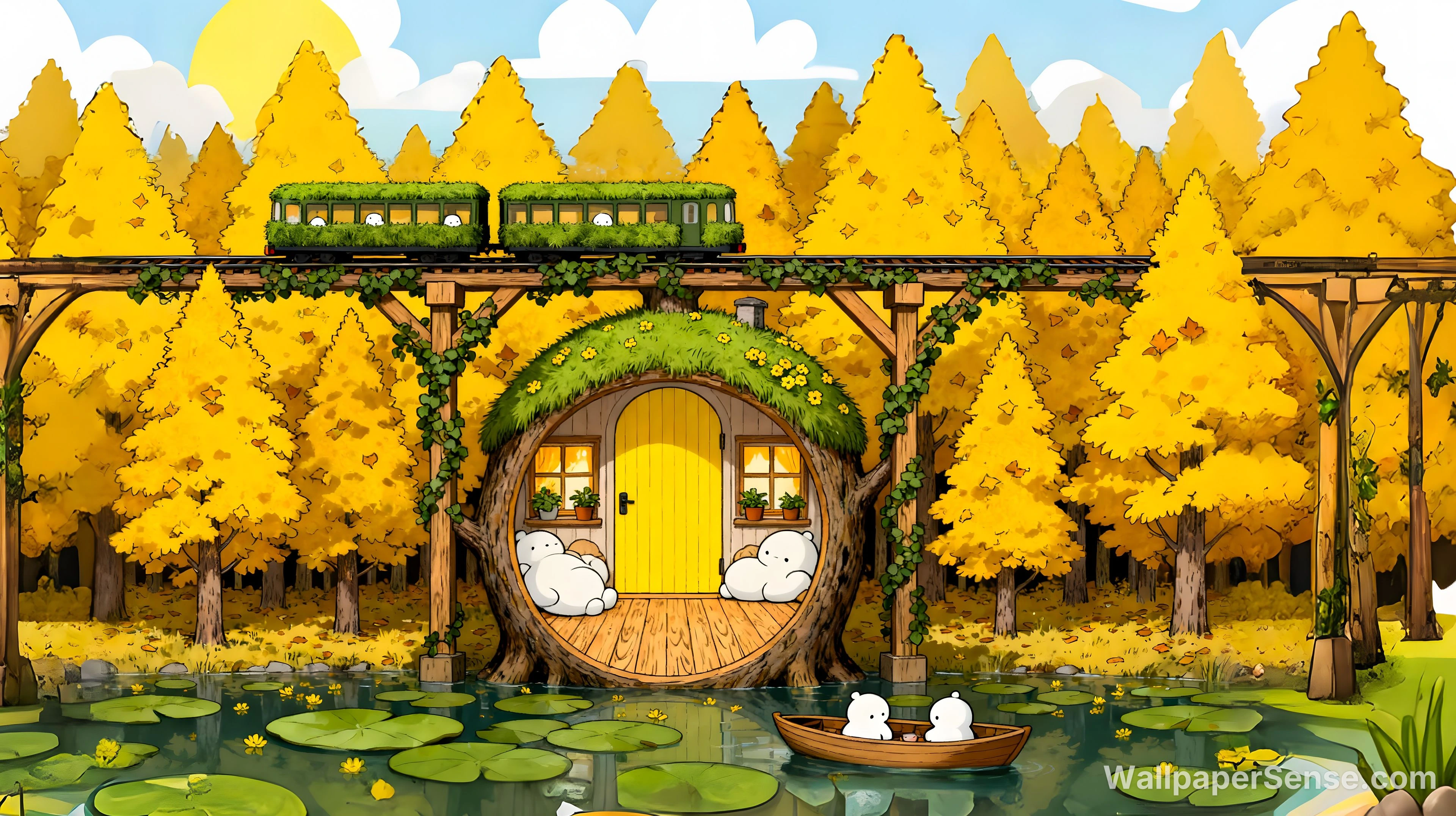 Anime-tyylisen syksyn metsän mökki 4K 8K Ultra HD taustakuvien paketti - Anime-aiheinen syksyn metsän mökki 4K työpöytätausta