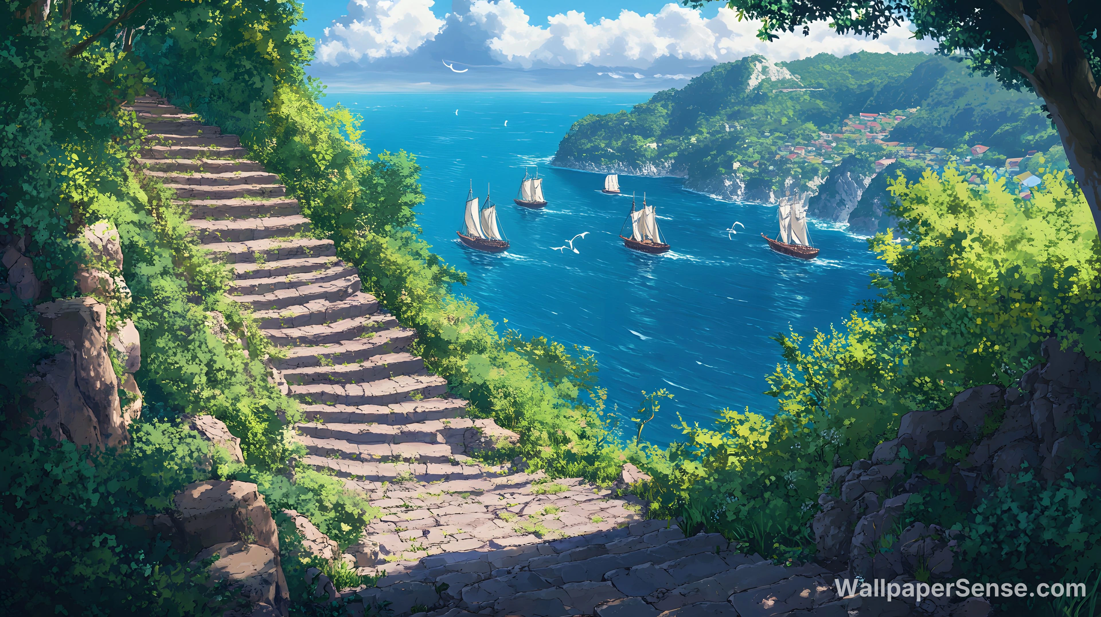 Japansk anime-kyst med stentrin 8K ultra HD baggrundsbillede