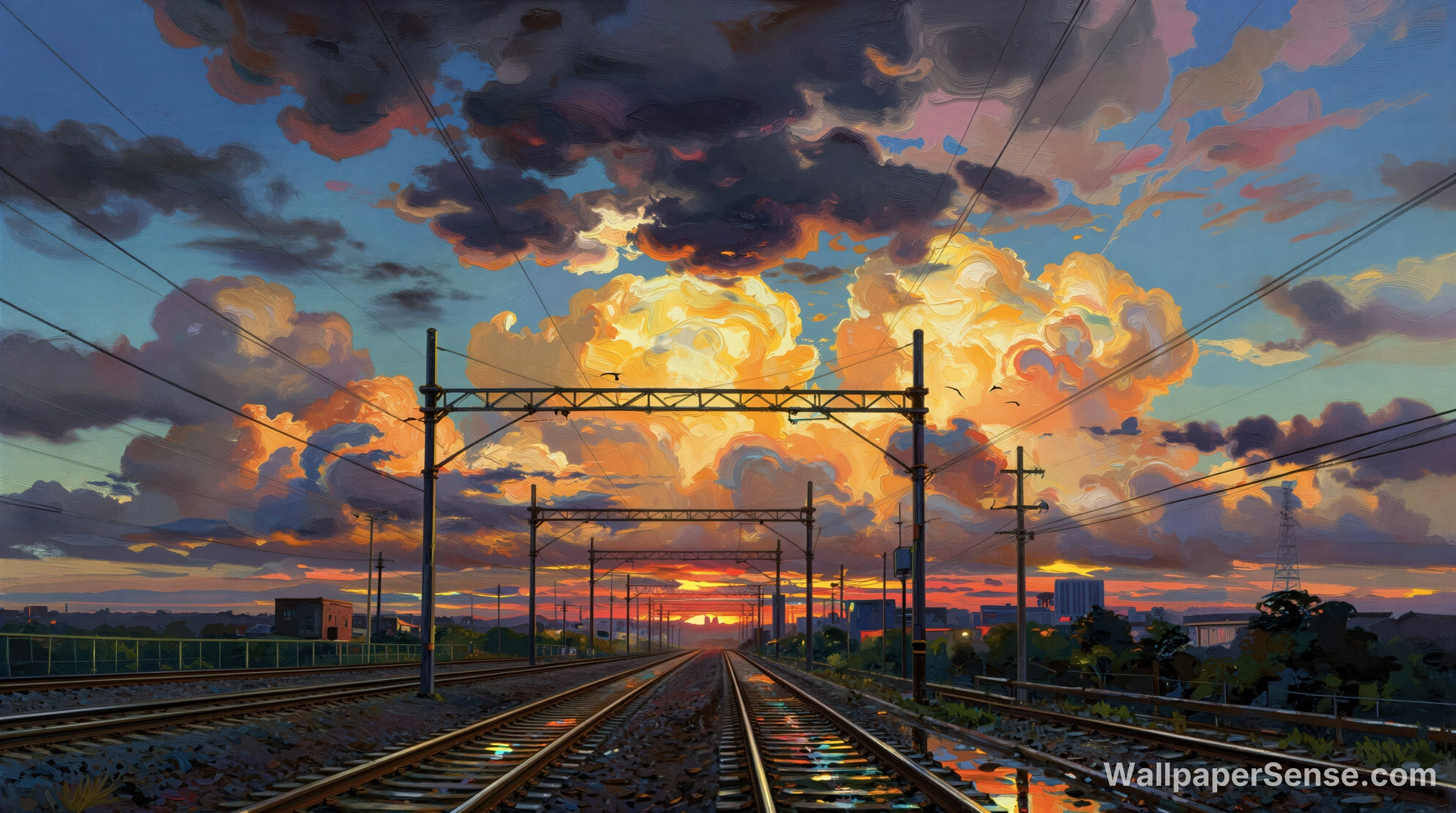 Anime železniční západ slunce 8K Ultra HD stolní pozadí