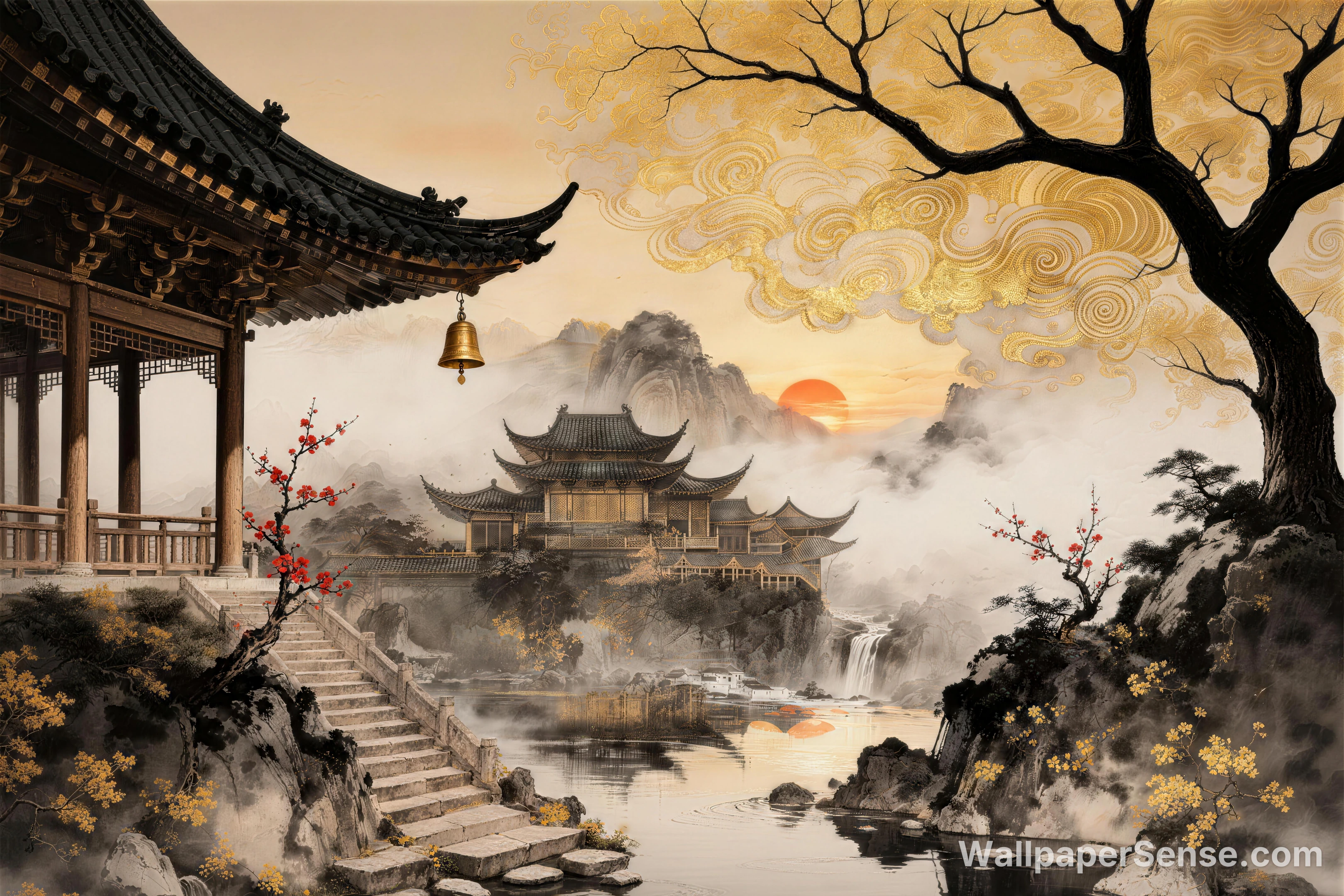 Pavillon antique à la chinoise au coucher de soleil – Fond d'écran 8K - Premium wallpaper in 8192x5461 resolution