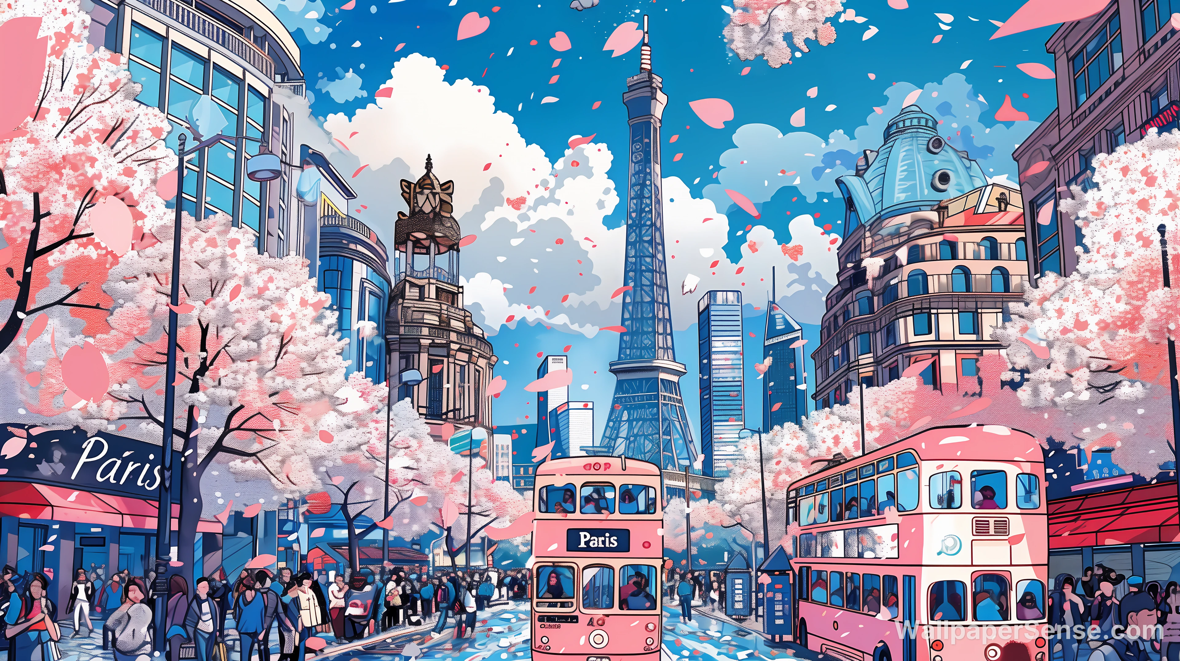 Oriental Style Maple Leaves and Roses 8K Ultra HD Wallpaper Pack - Paris Cherry Blossom Street Scene 8K Ultra HD Desktop Wallpaper