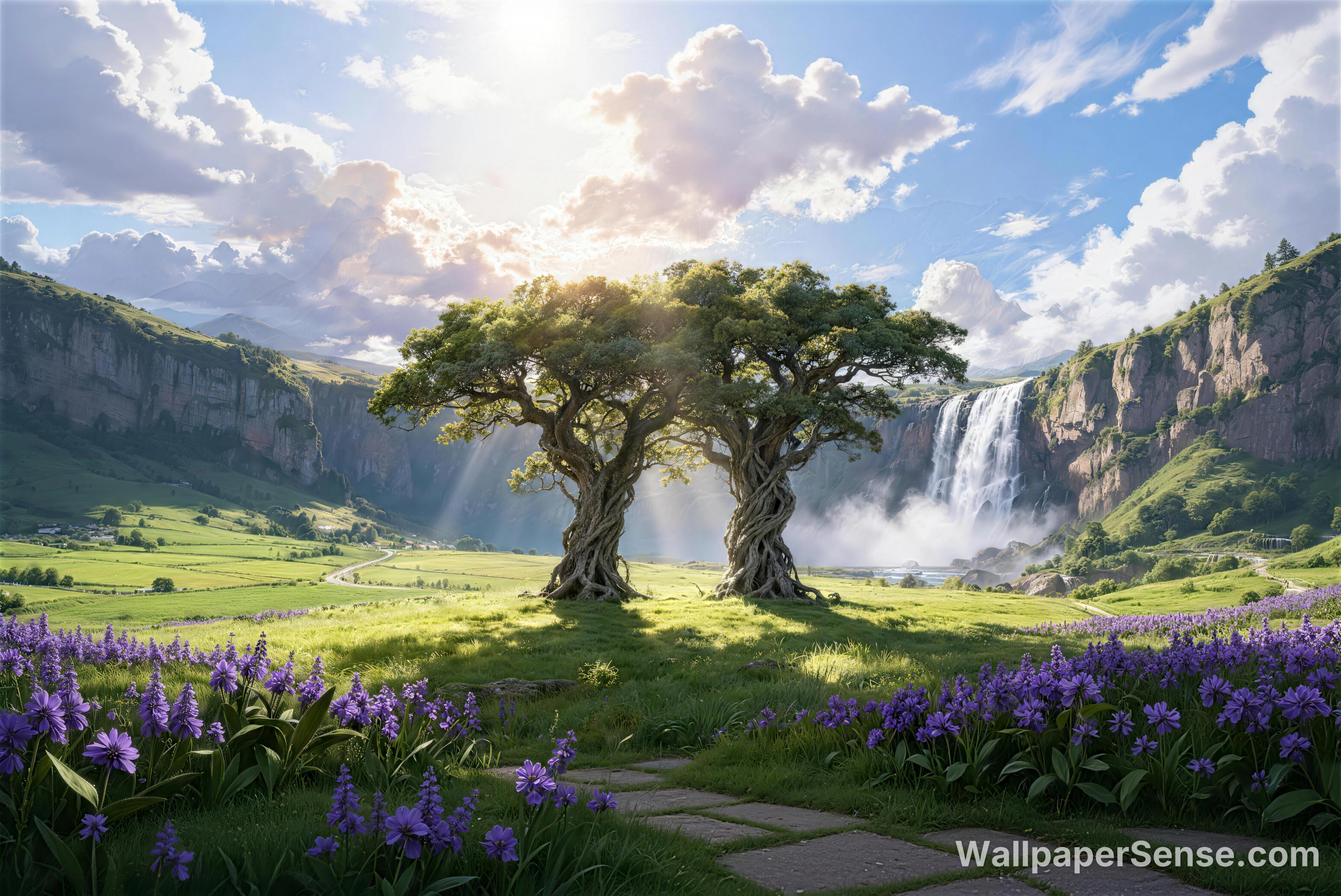 Fantasy Valley Twin Trees 8K Ultra HD Desktop Wallpaper