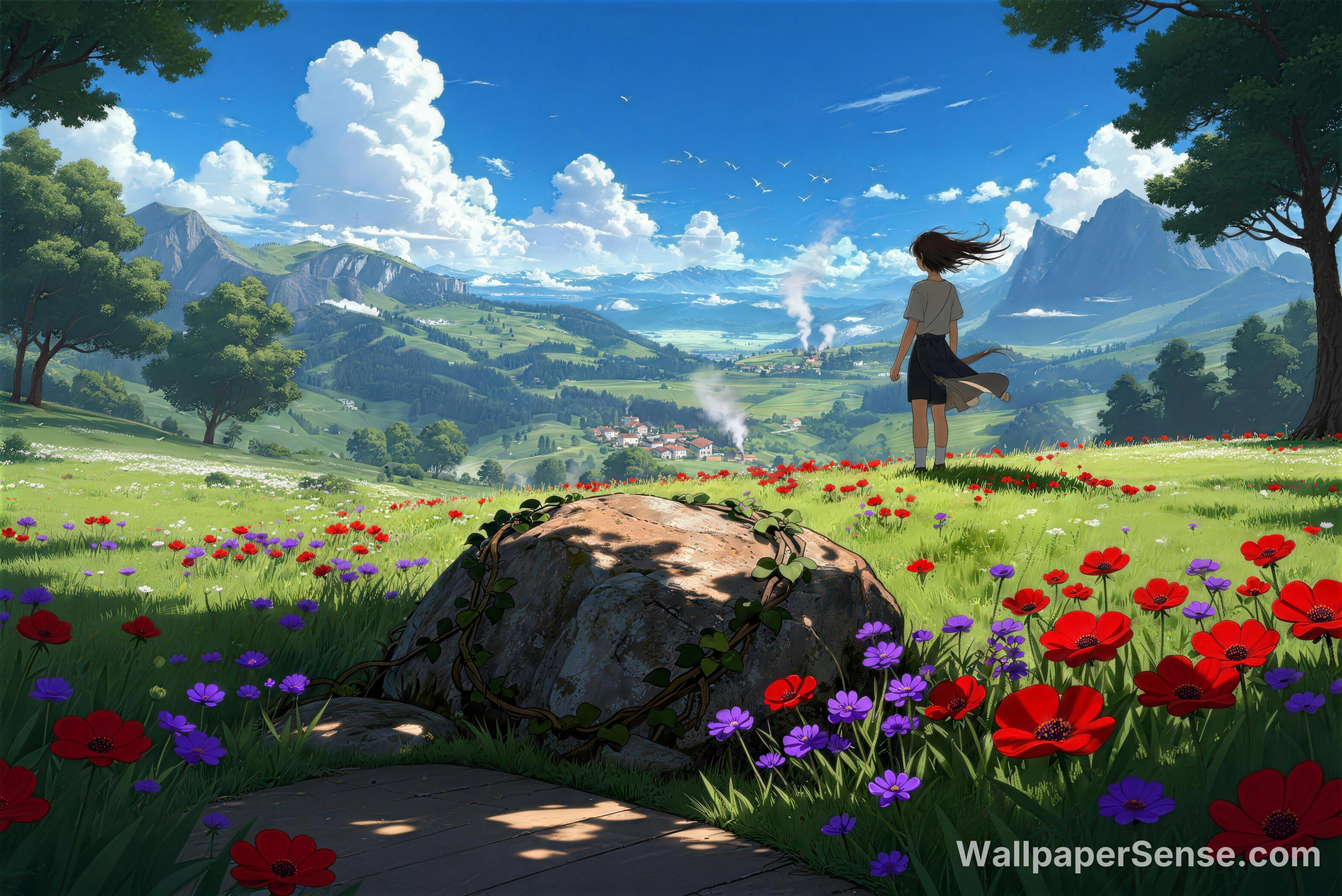 Miyazaki-stil fjell- og villblomstermark 8K-skrivebordsbakgrunn - Premium wallpaper in 8192x5474 resolution