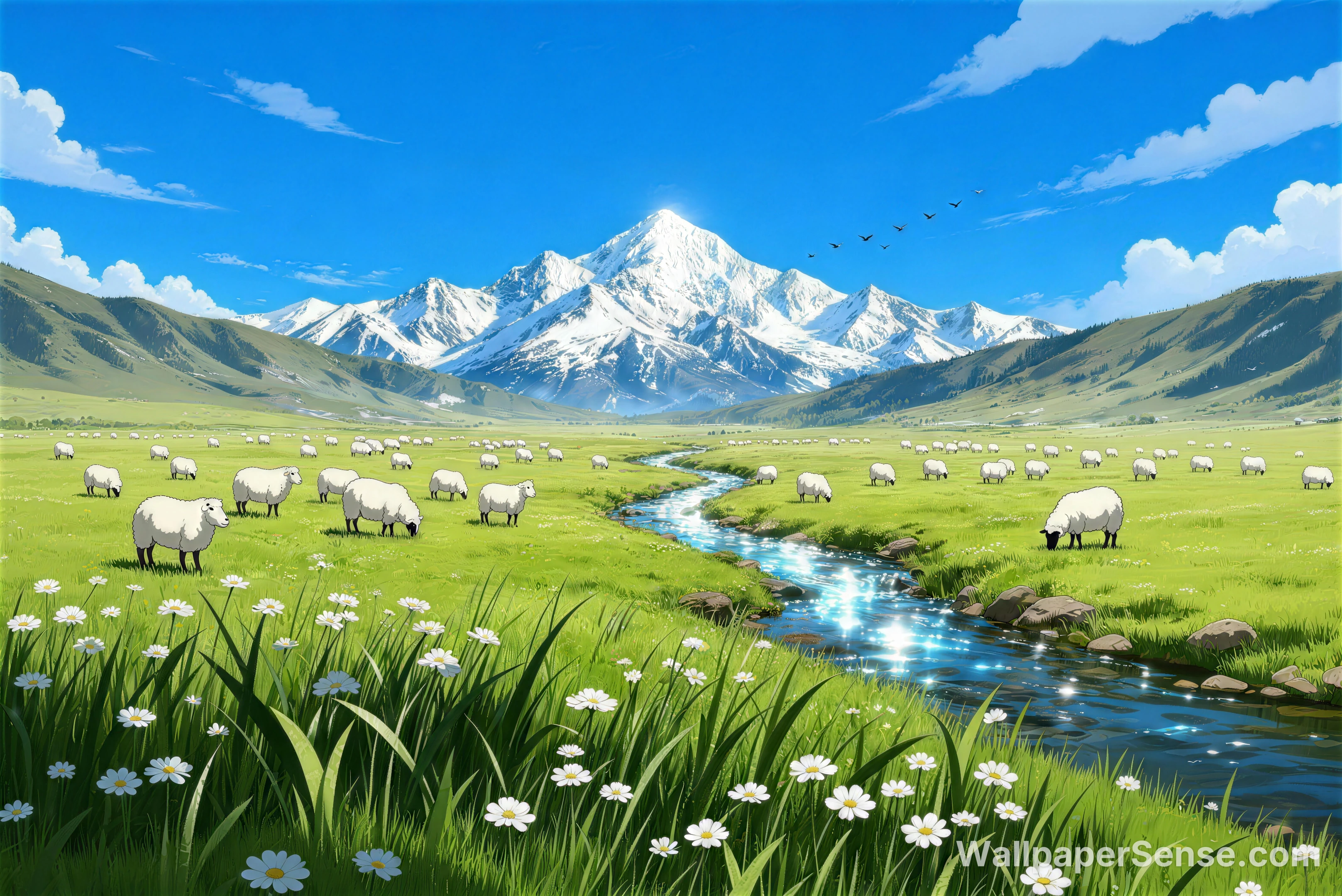 Studio Ghibli-style草原雪山 8K desktop wallpaper
