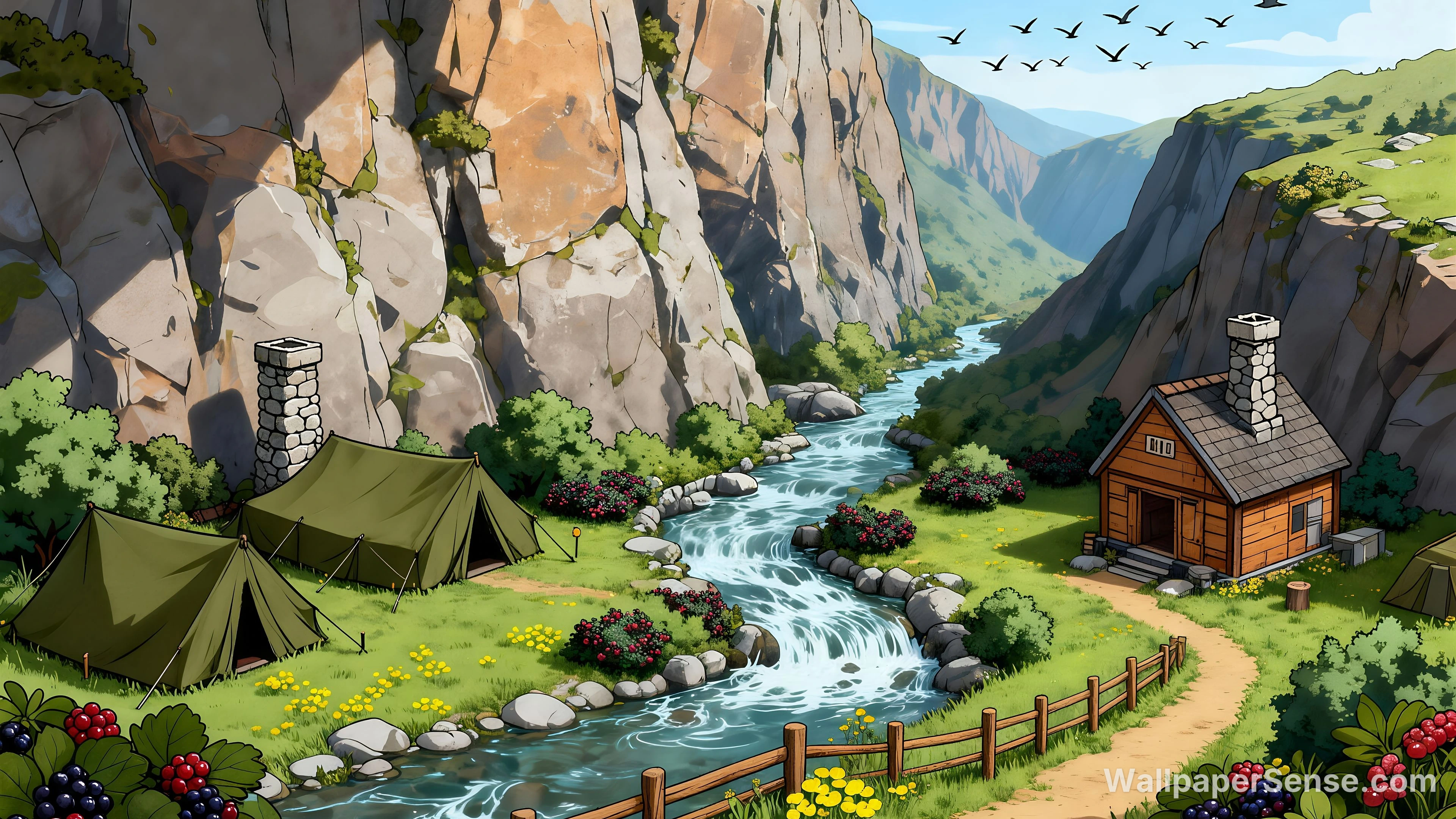 Cartoon-Style Valley Stream 8K Desktop Wallpaper