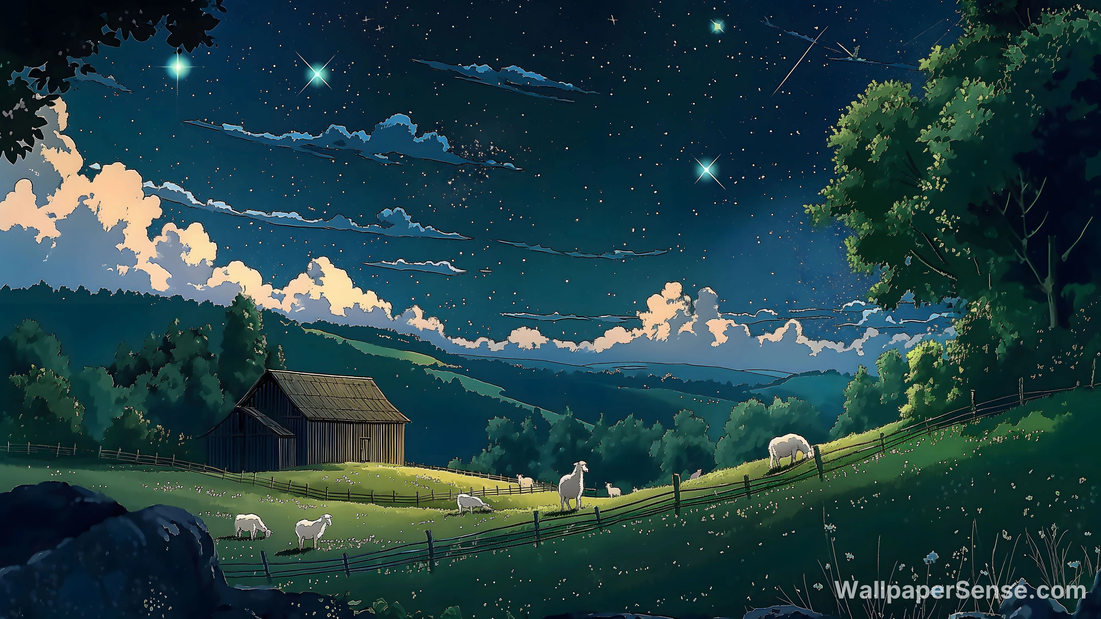 Miyazaki-Style Night Sky Pasture 8K Desktop Wallpaper