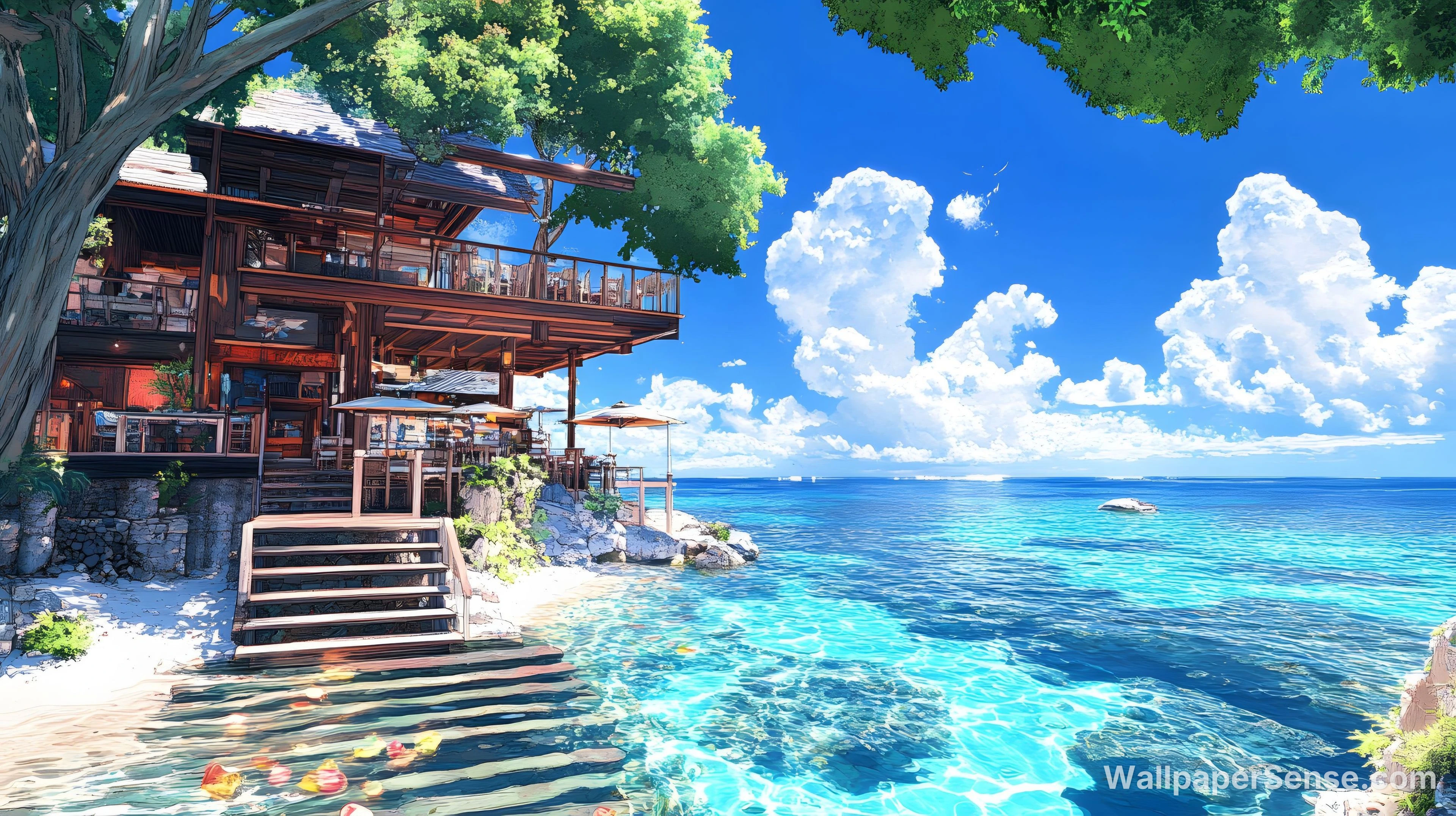 Casa de Madeira Japonesa à Beira-Mar 8K Wallpaper para Desktop - Premium wallpaper in 8000x4484 resolution