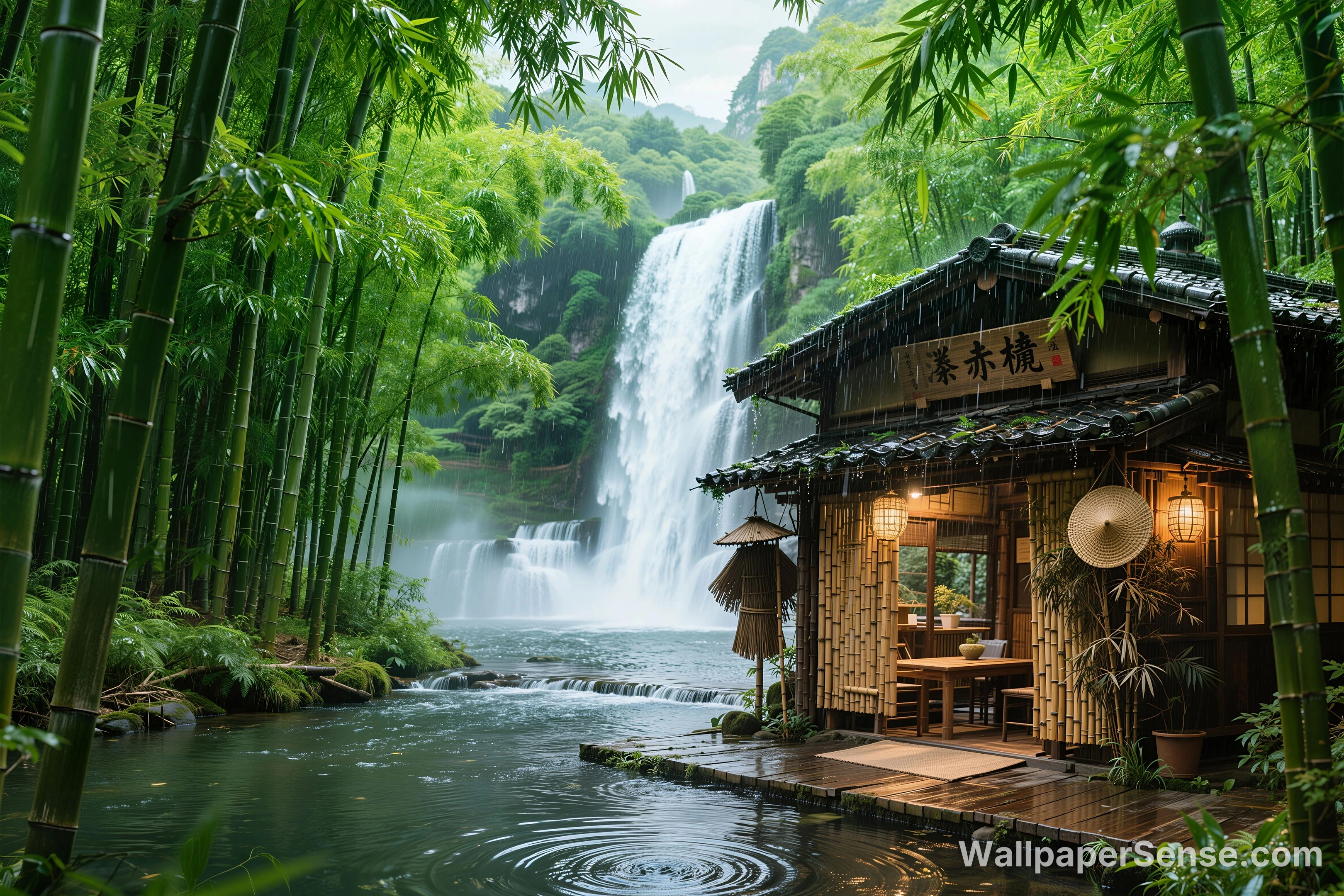 Bosque de Bambú Japonés con Cascada, Fondos de Pantalla 8K - Premium wallpaper in 8192x5461 resolution