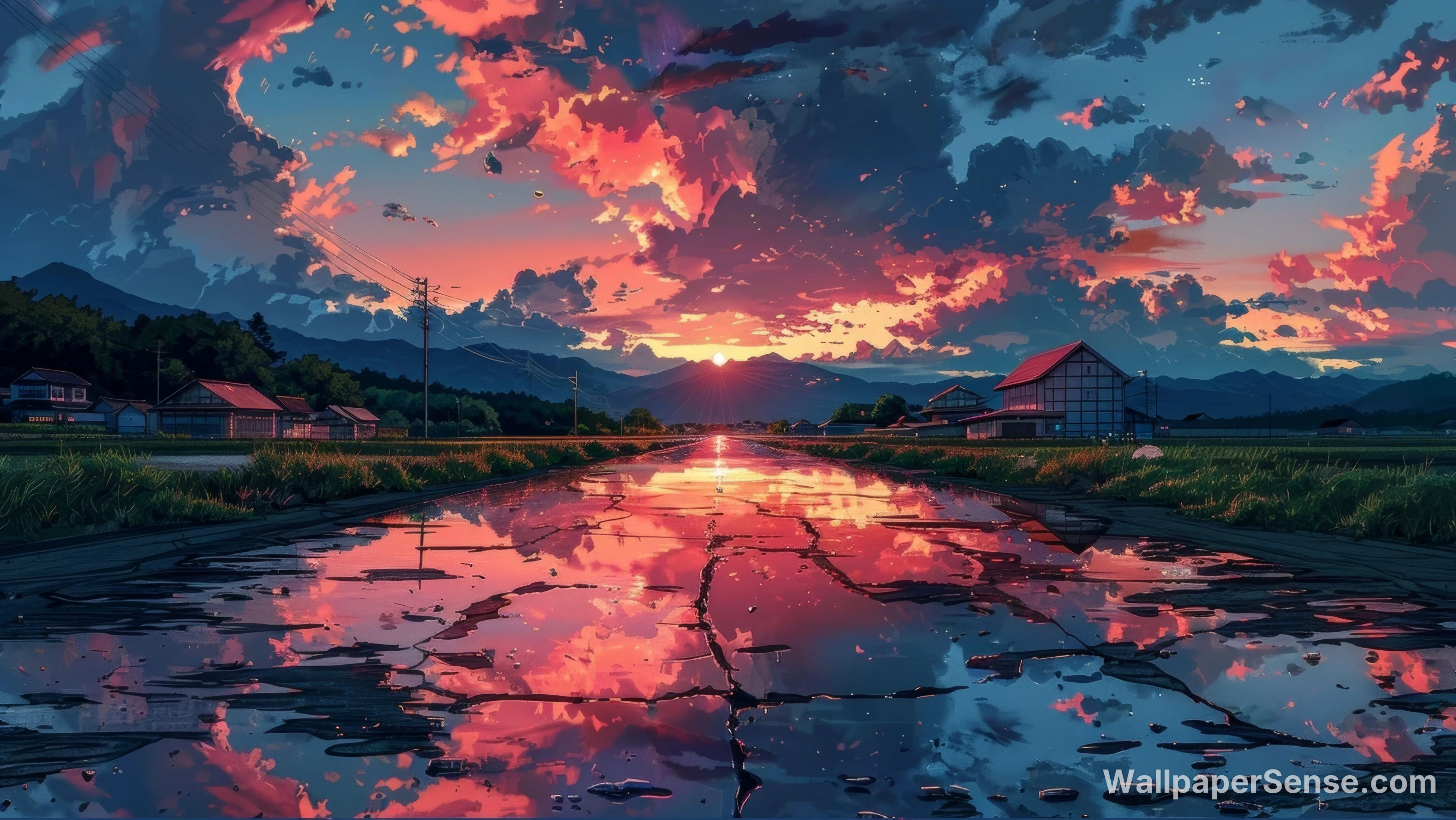 Japonský anime západ slunce odraz 8K Ultra HD stěnový papír