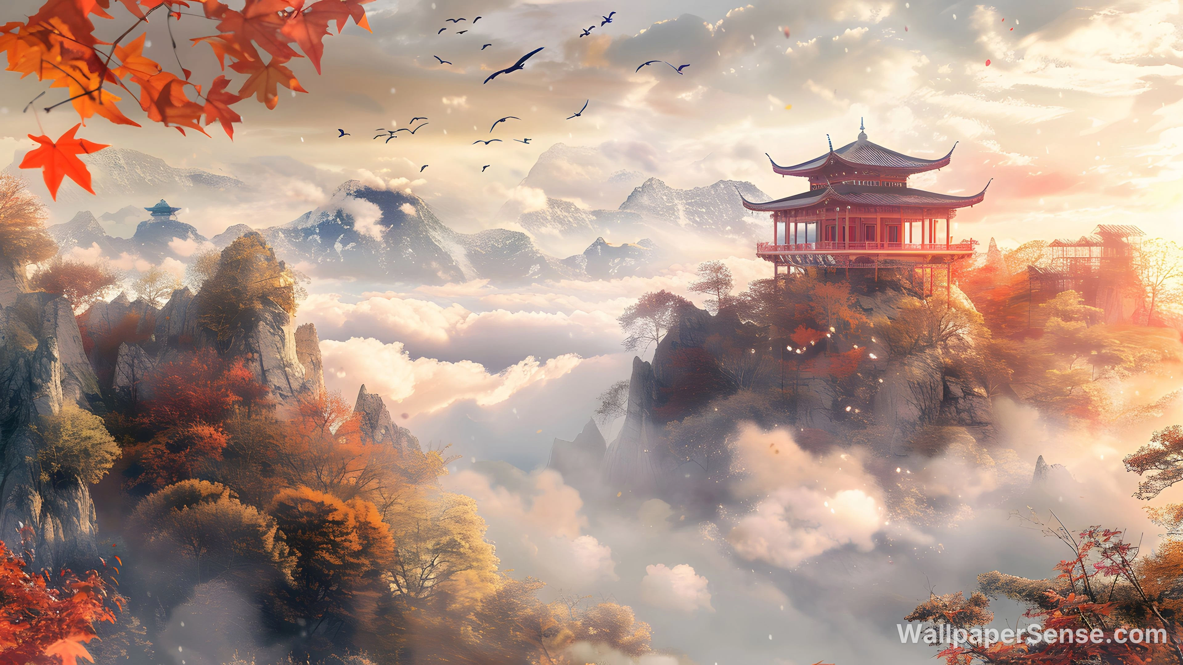 Chinese Style Maple Leaves and Mountain Landscape 8K Ultra HD Wallpaper Pack - Chinese-Style Landscape Pavilion 8K Desktop Wallpaper