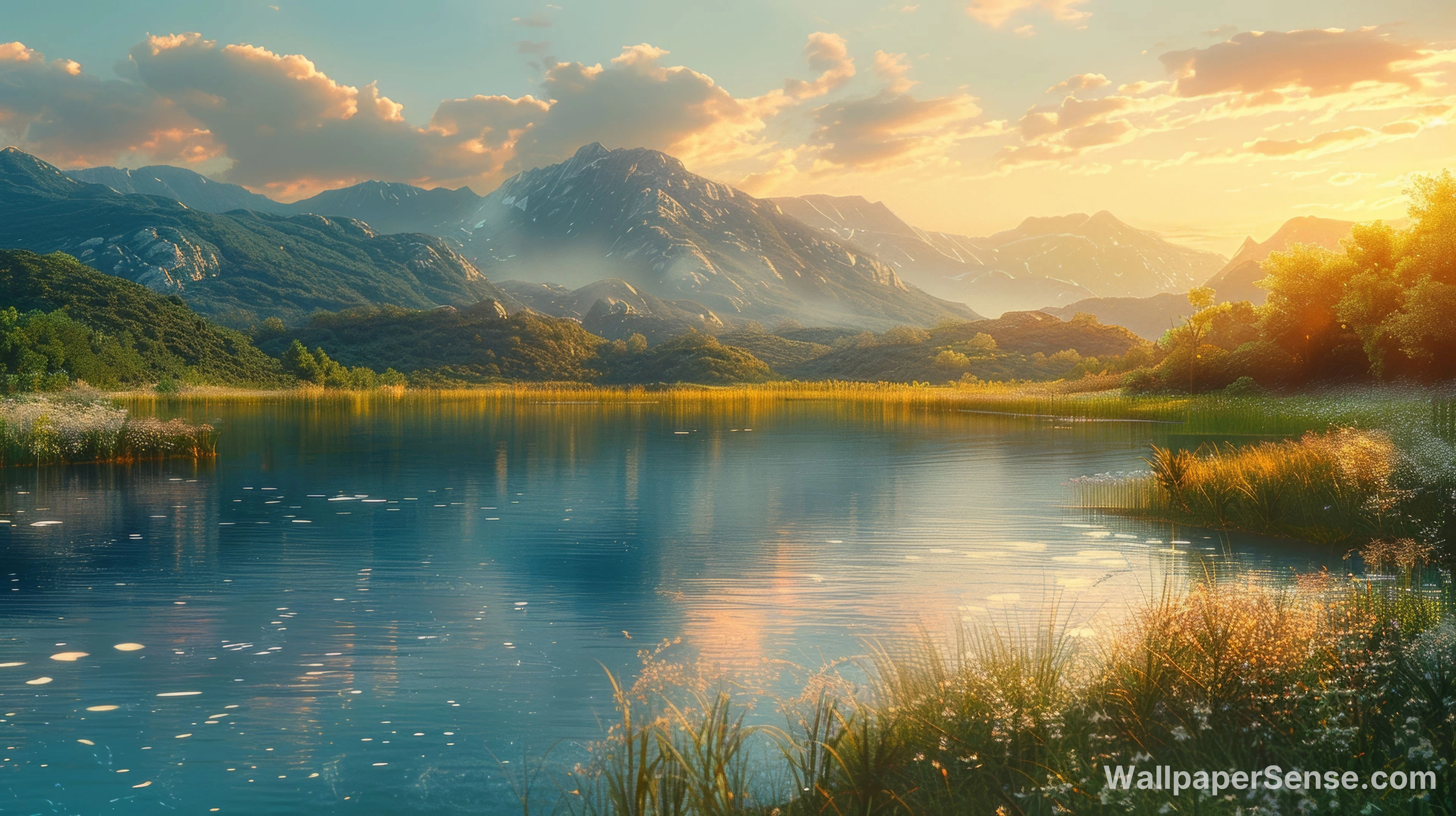 Orientální umění hory a jezero 8K Ultra HD stolní pozadí