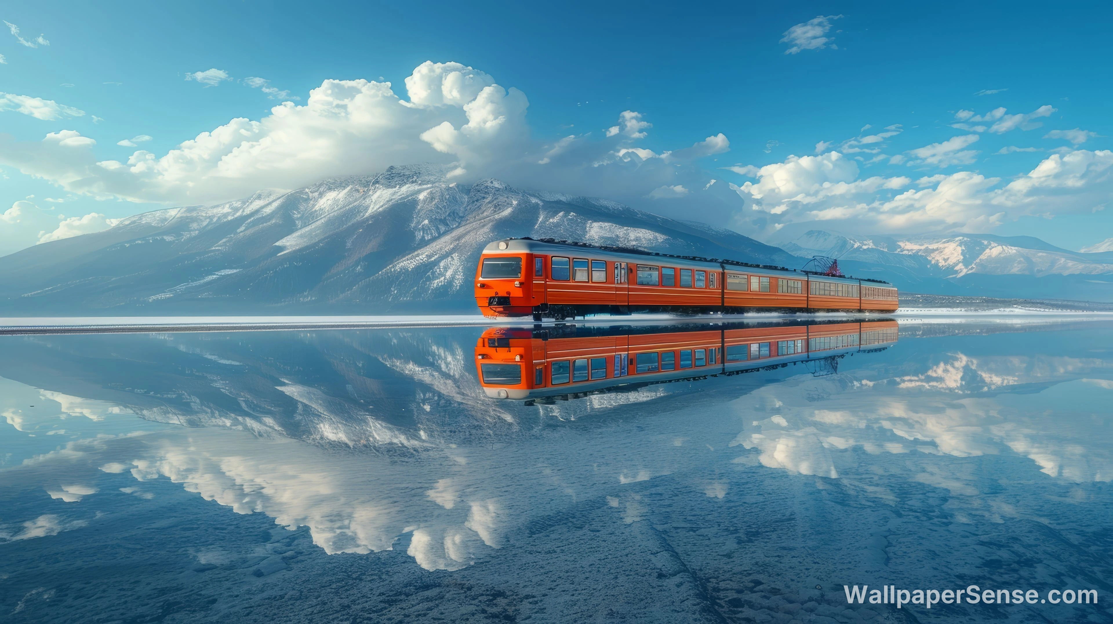 Treno tra Montagne di Neve in Stile Minimalista, Wallpaper Desktop 8K