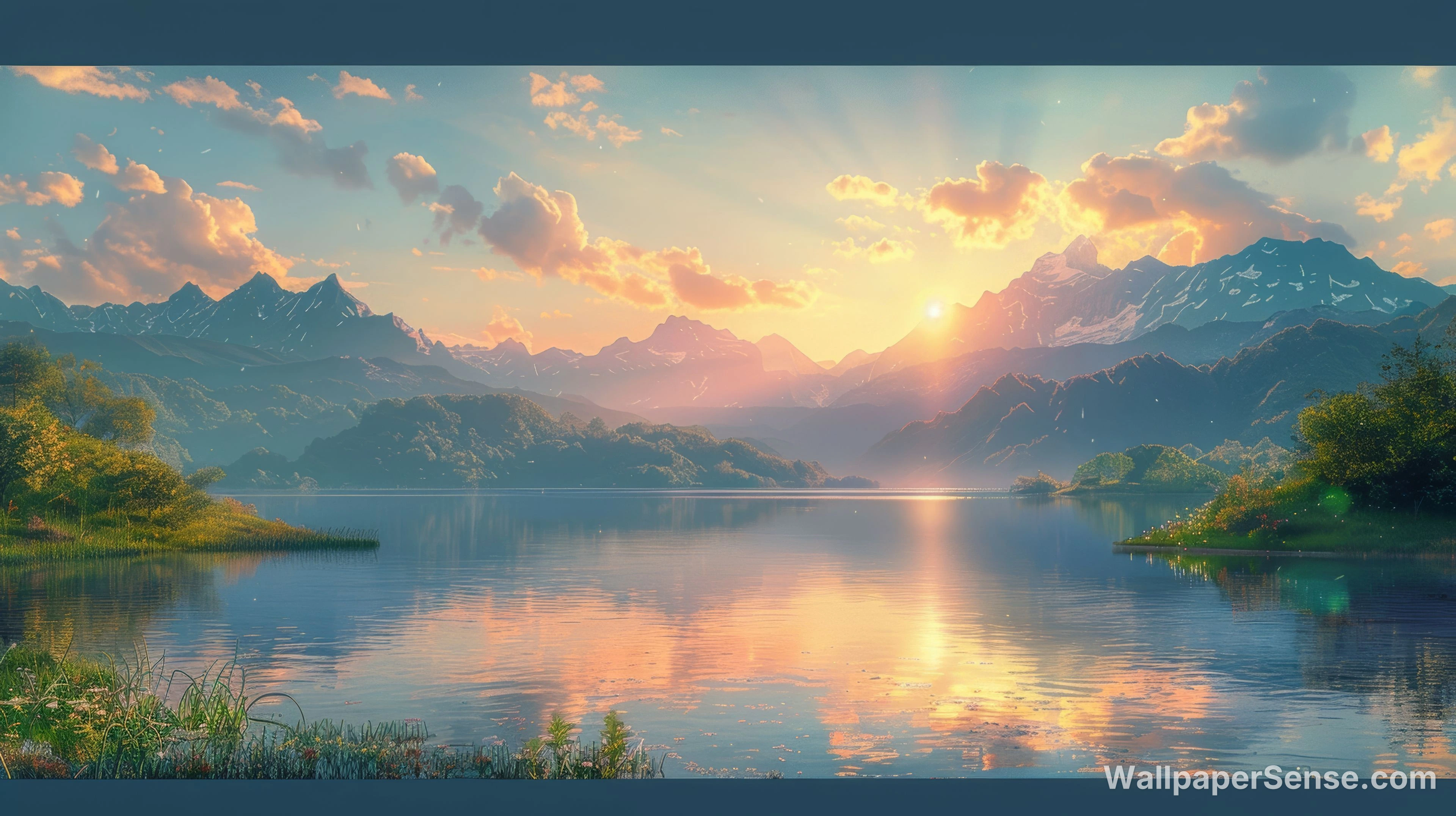 Orientální umění horské jezero západ slunce 8K Ultra HD stolní pozadí