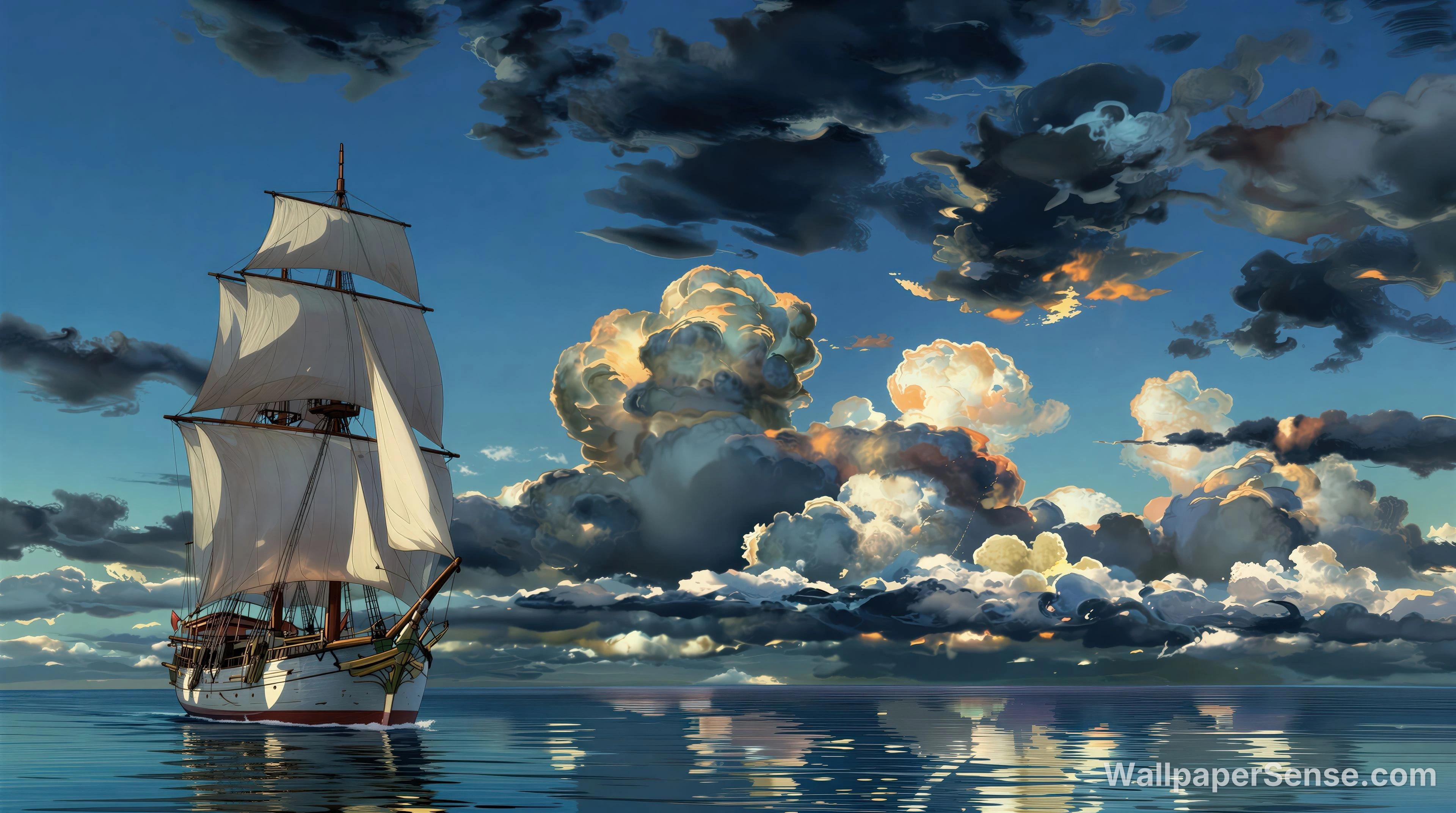 Styl Studio Ghibli, plachetnice na oceánu, 8K ultra HD desktopový obrázek