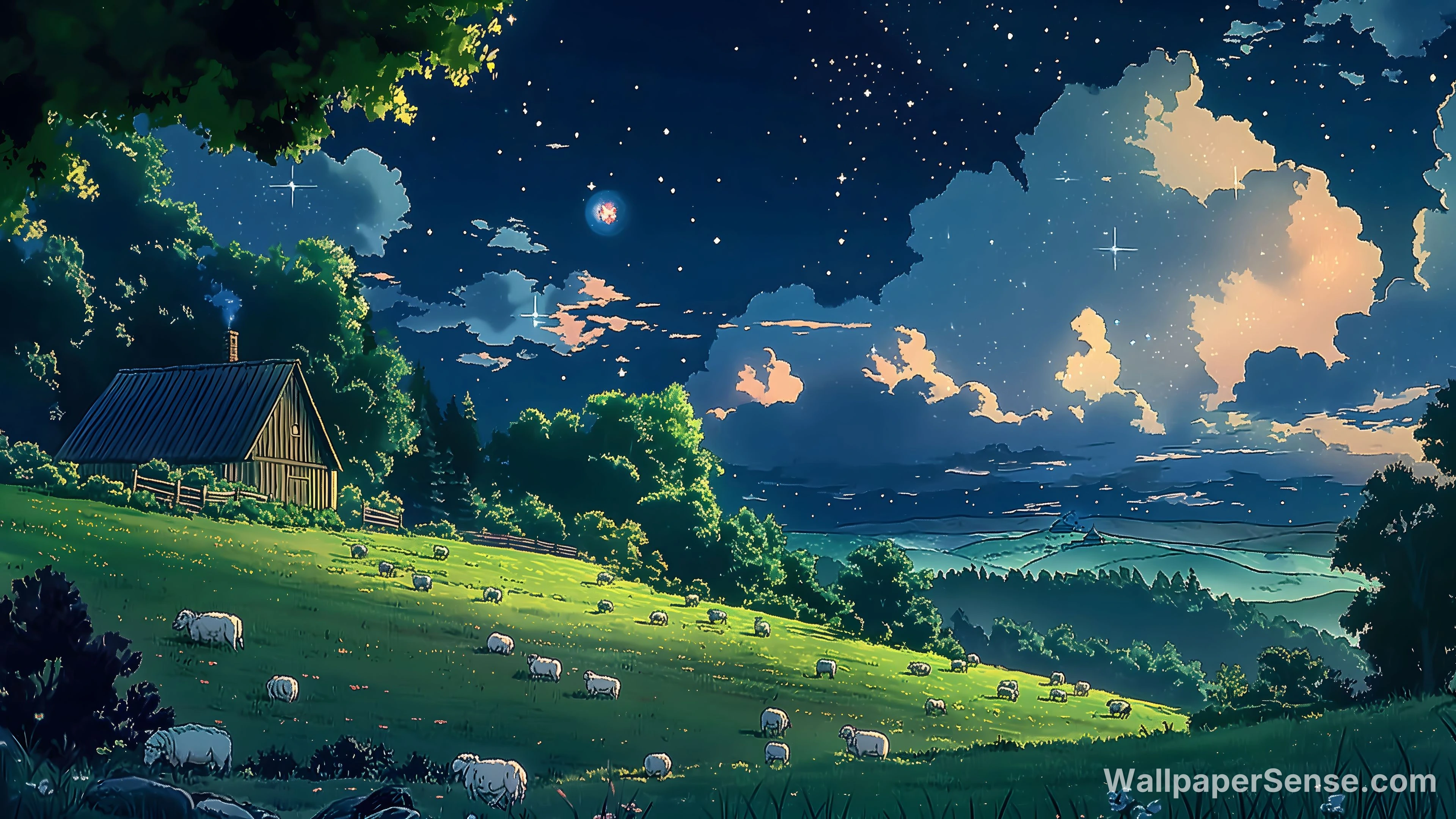 Studio Ghibli-Style Rural Night Scene 8K Desktop Wallpaper