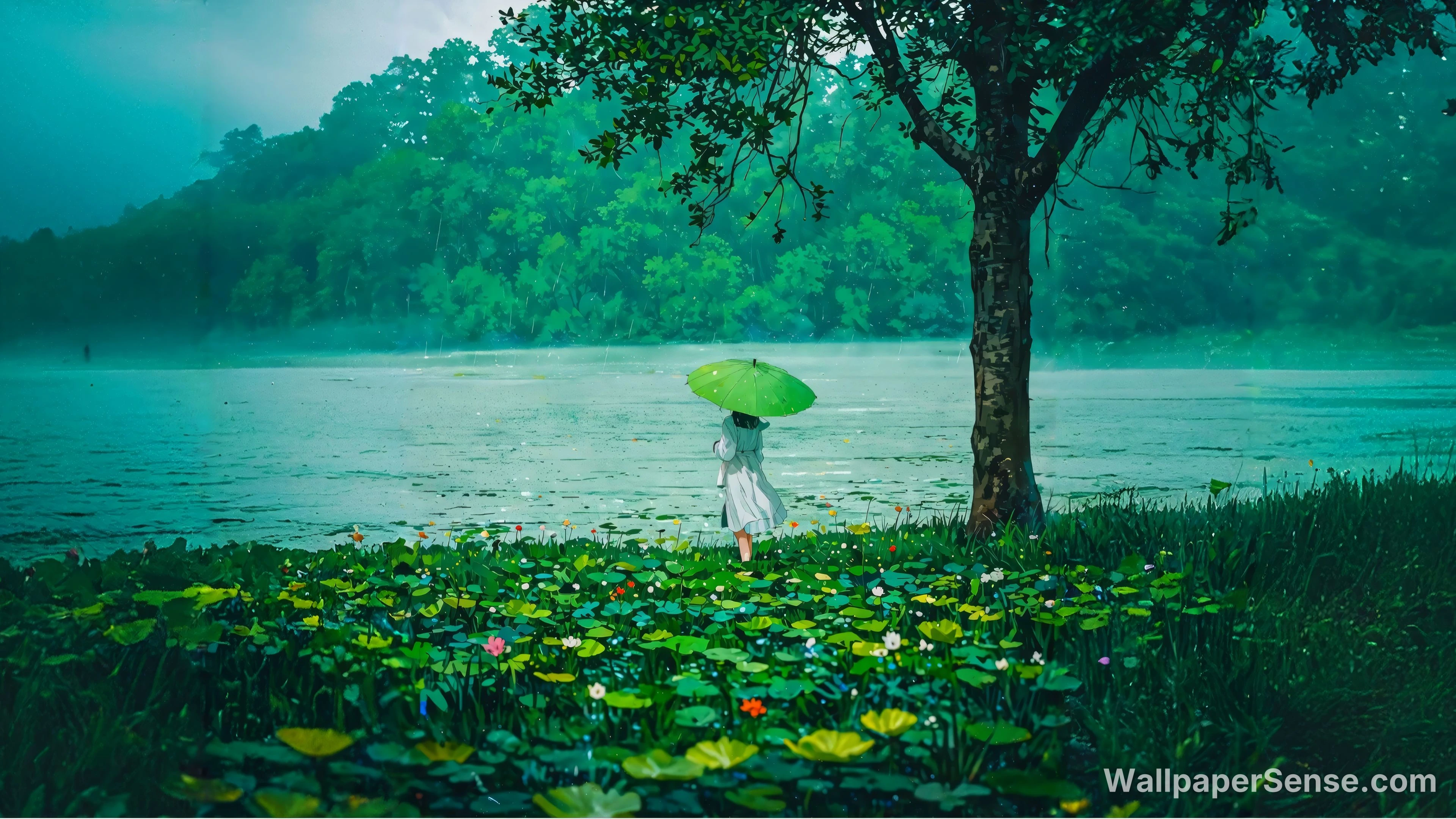 Scenario Anime Lacustre Piovoso 8K Ultra HD Wallpaper per Desktop
