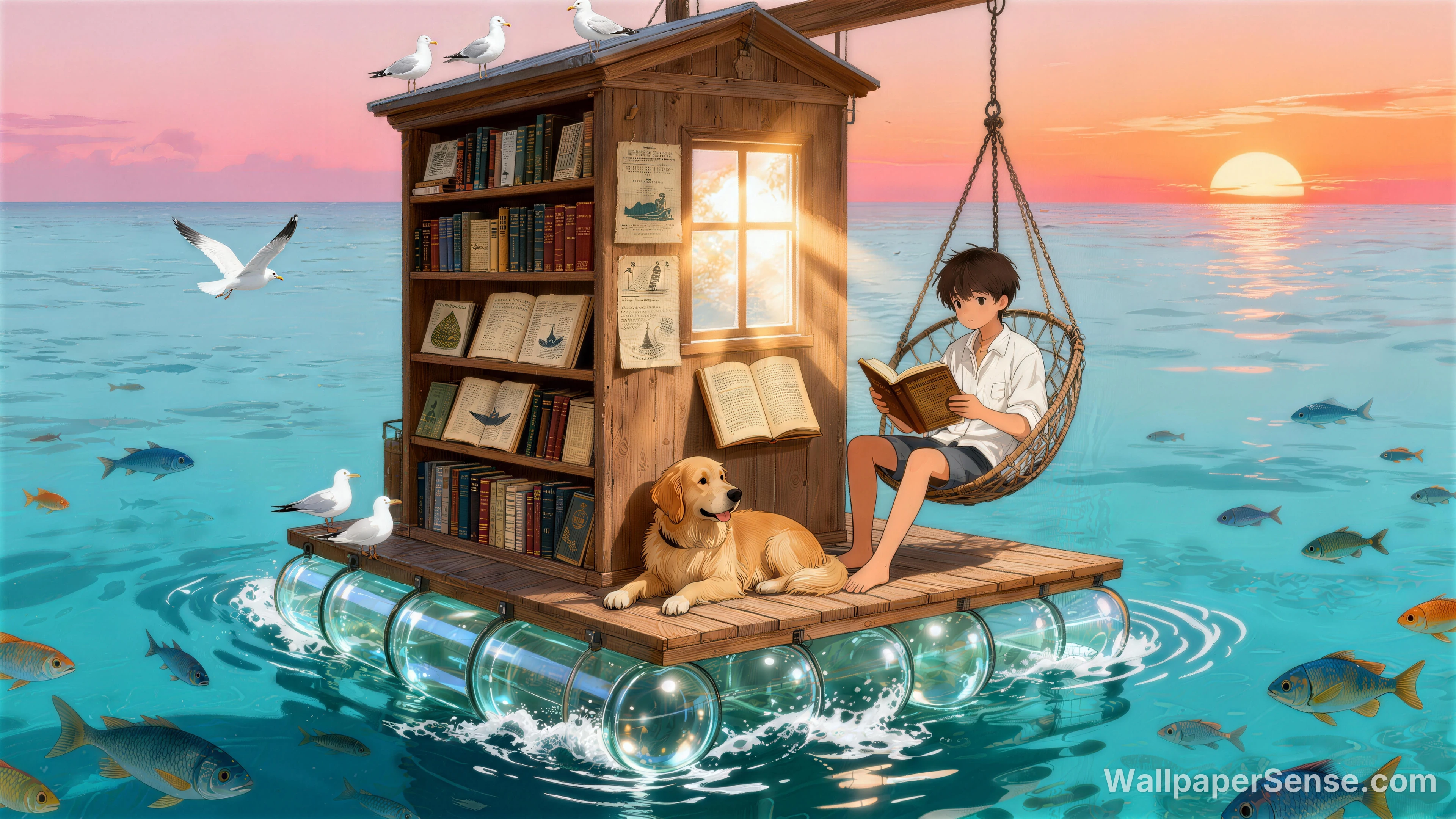 Japansk anime: Søfartende boghandel ved havet, 8K desktoptapet