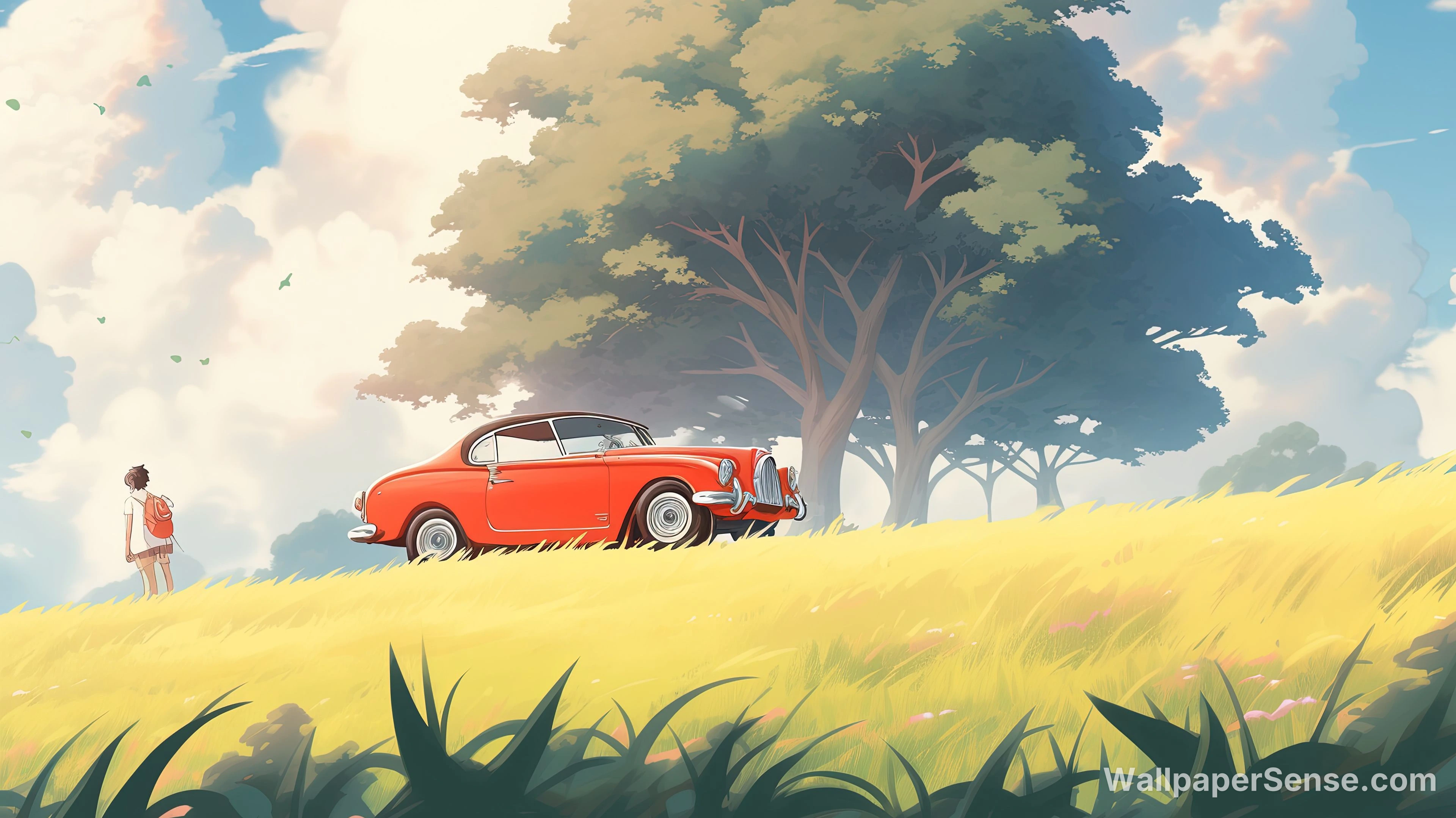 Anime styl červený automobil na zlatém poli 8K ultra HD stolní pozadí