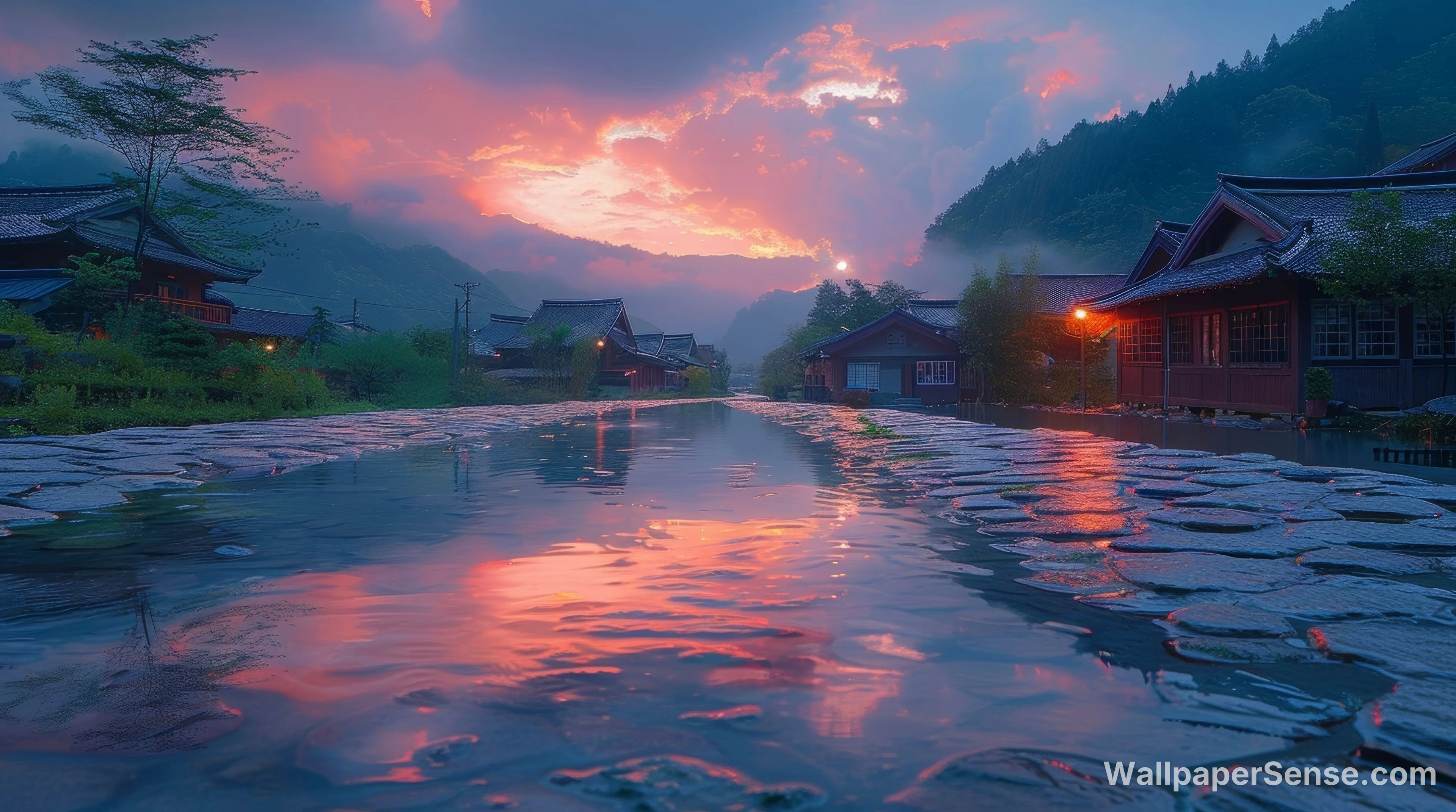 Japonská vesnice u řeky při západu slunce 8K Ultra HD stěnka