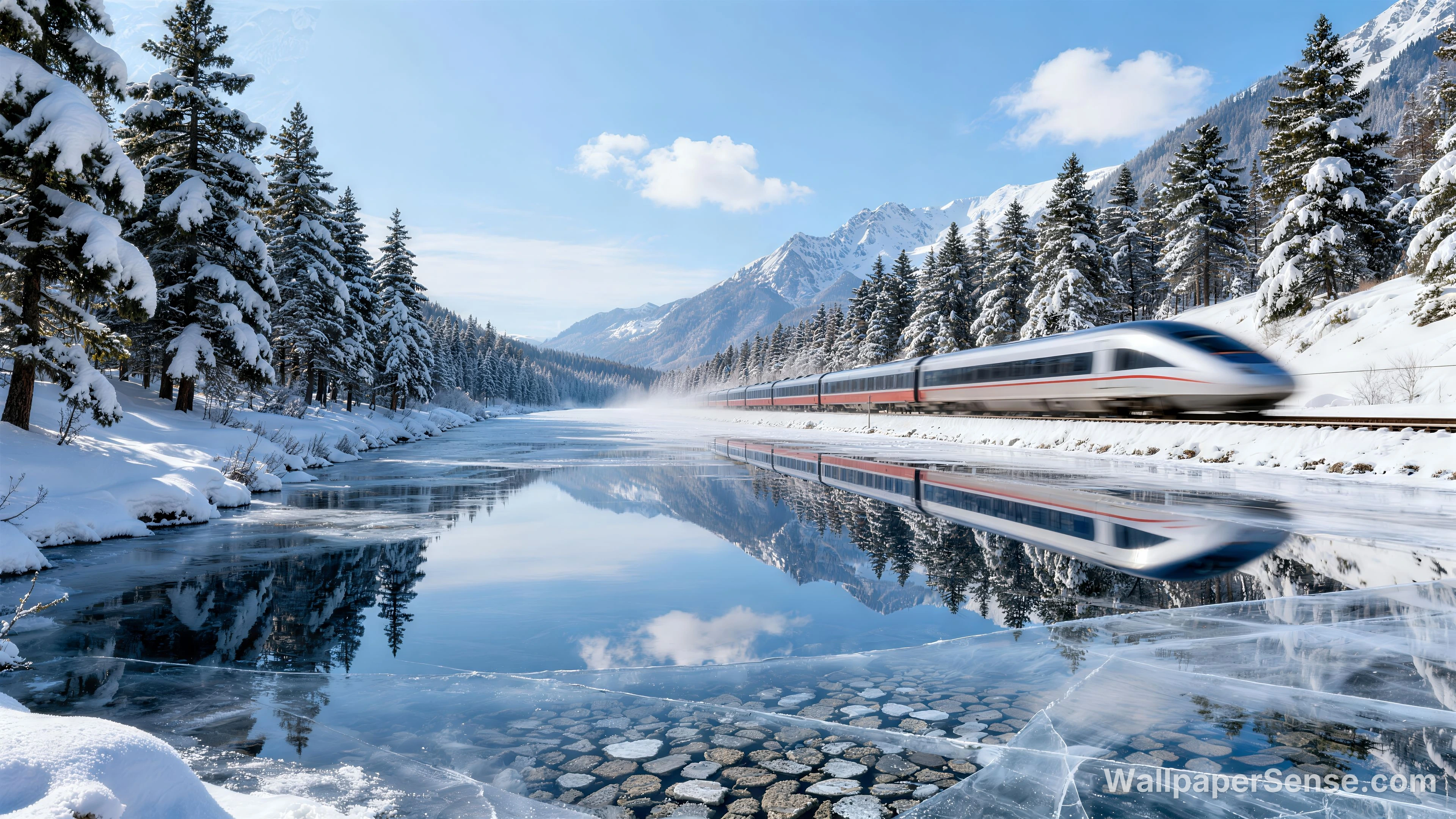 Treno ad alta velocità in paesaggio innevato nordico 8K Wallpaper per desktop