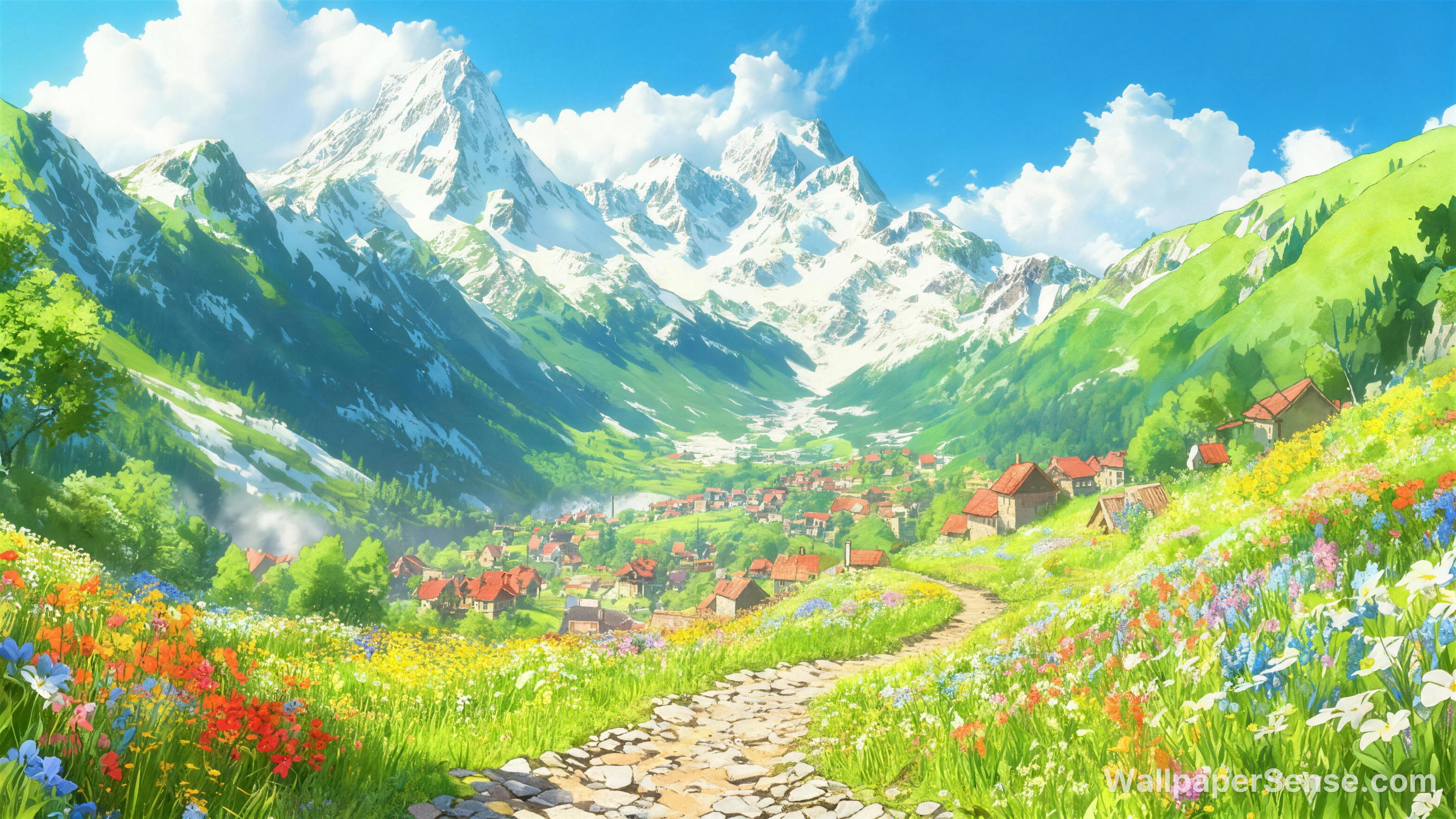 Anime-stil: Snefyldt bjergdal, 8K skrivebordsbaggrund