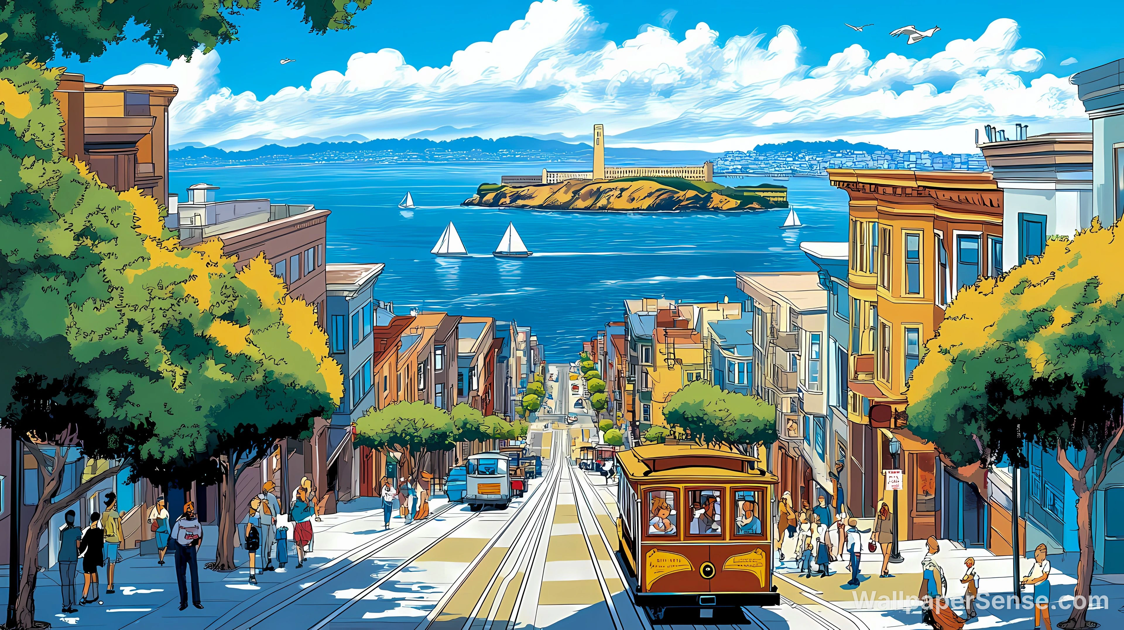 San Francisco Cable Car 4K en 8K Ultra HD Wallpaperverzameling - Anime-achtige straatscene van San Francisco 4K bureaubladachtergrond