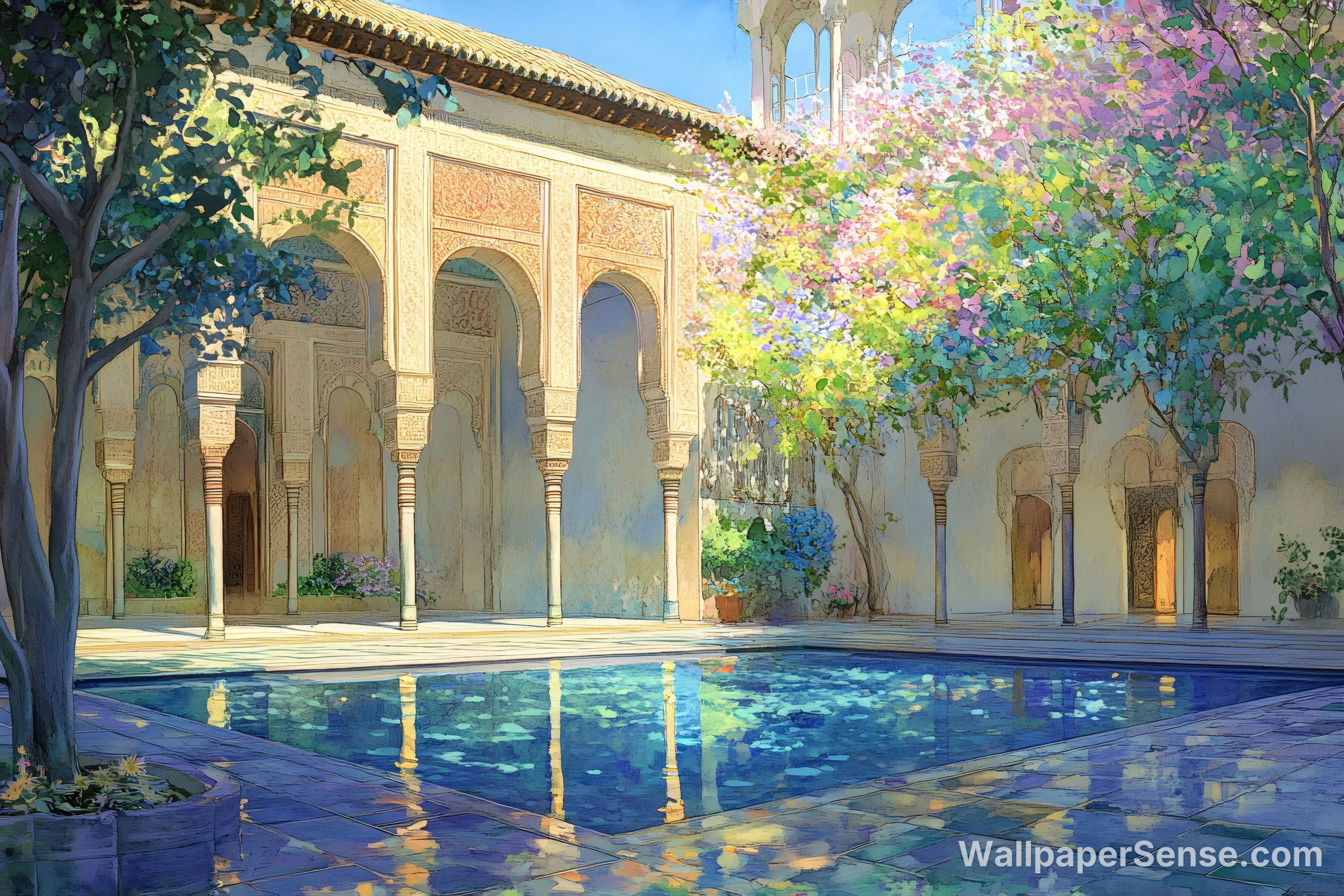 Oriental Art Courtyard Pool 8K Ultra HD Desktop Wallpaper