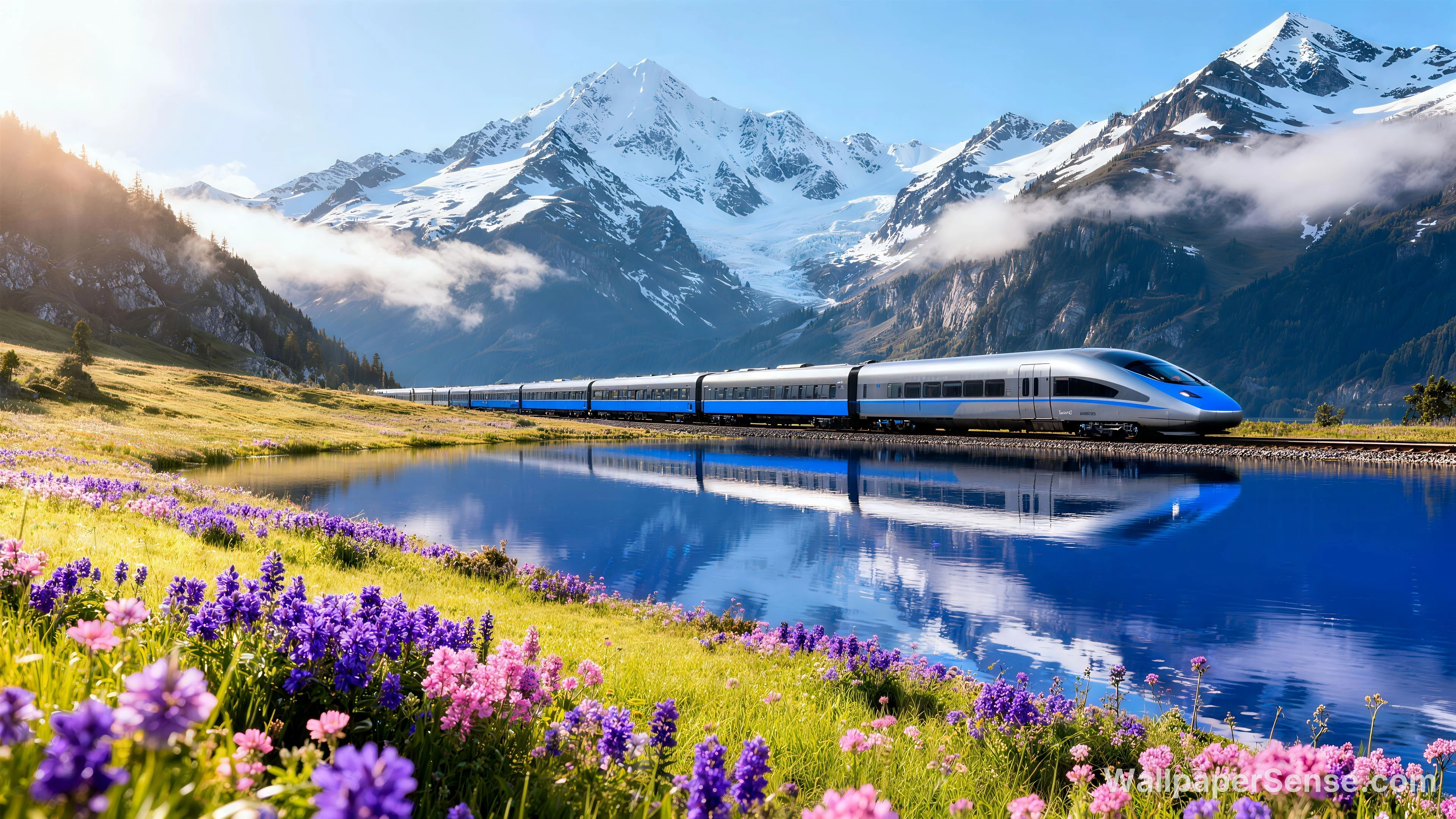 Treno nella Neve Nordica 8K – Pacchetto Wallpaper Ultra HD - Treno sulle Alpi con Montagne Nivee 8K Ultra HD Wallpaper