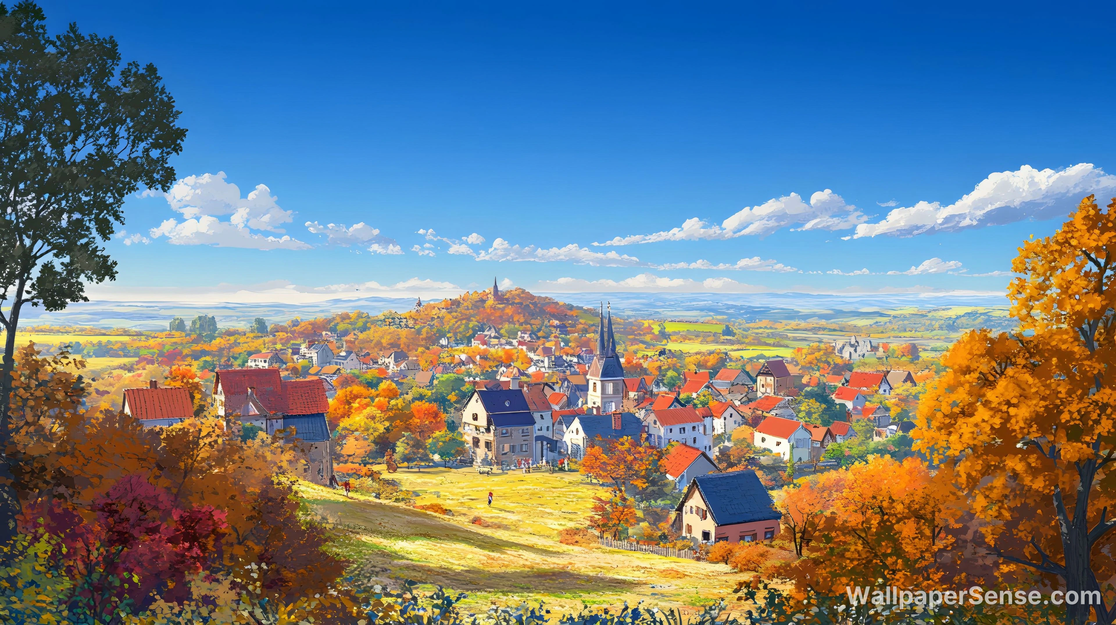 Herbstlandskaber 8K Ultra HD skrivebordsbaggrunde - Europæisk efterårsby 8K ultra HD baggrundsbillede