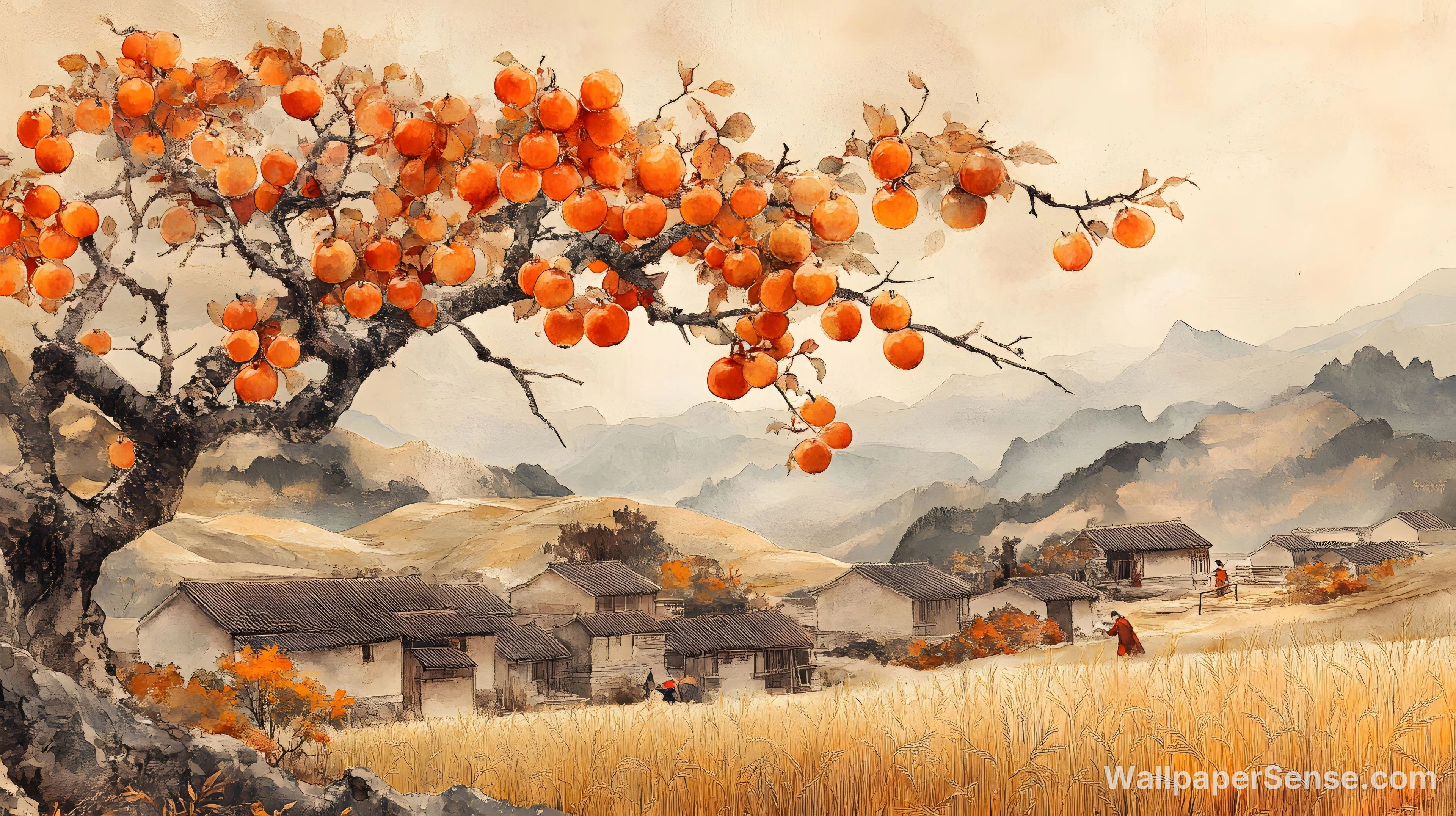 Chinese Style Persimmon Tree 8K Ultra HD Desktop Wallpaper