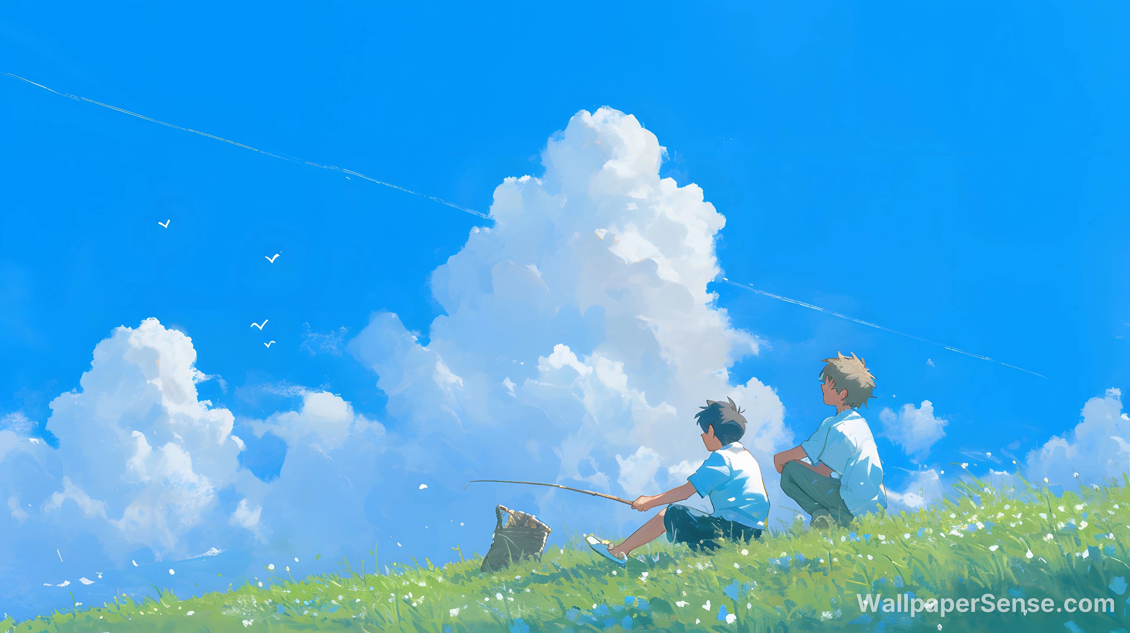 Ghibliho styl venkovských krajinných panoram 8K Ultra HD sbírka pozadí - Studio Ghibli styl dívky rybáří na kopci 8K Ultra HD desktopový obrázek
