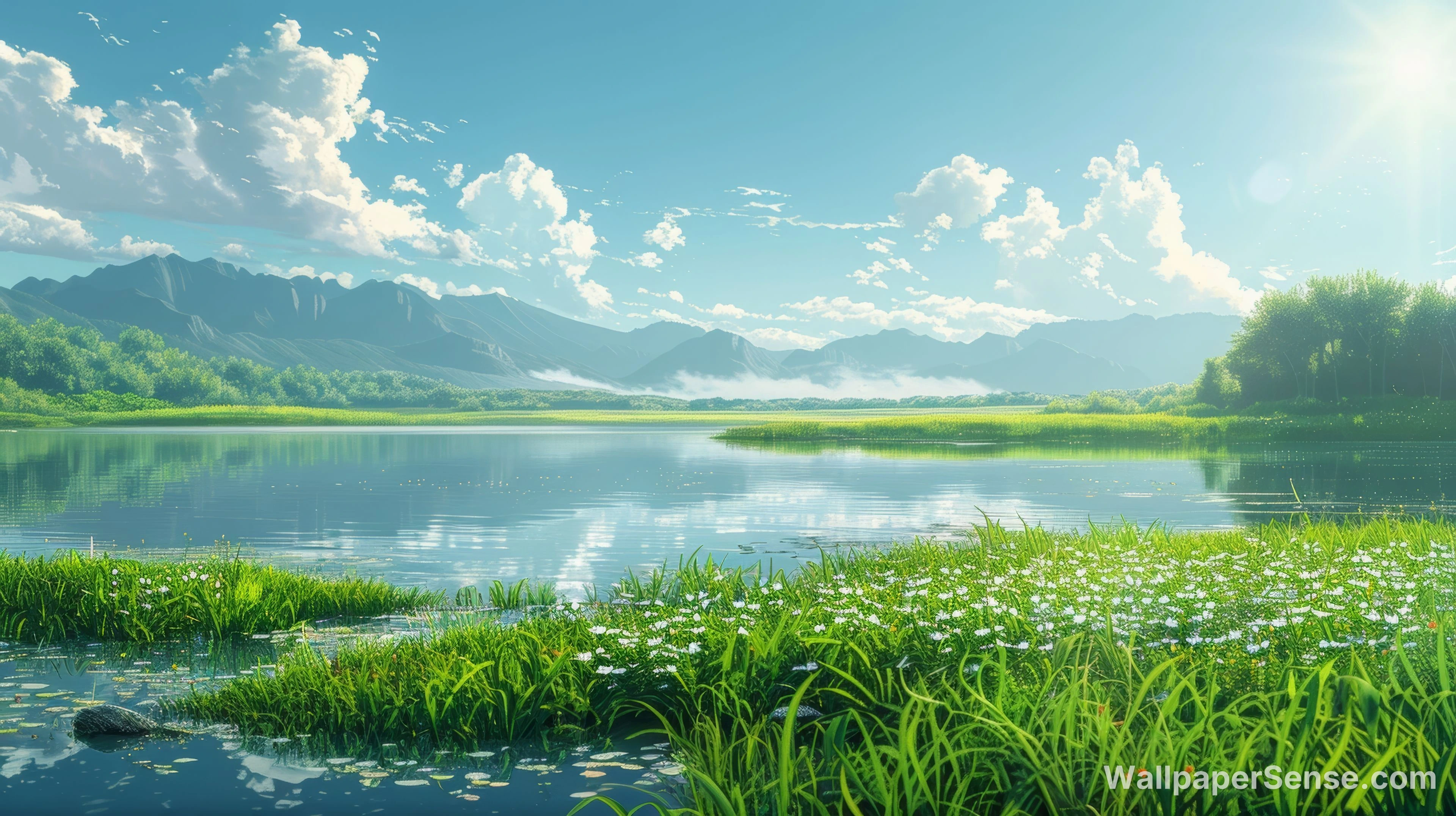Oriental Art Meer en Bergen 8K Ultra HD Desktop Wallpaper