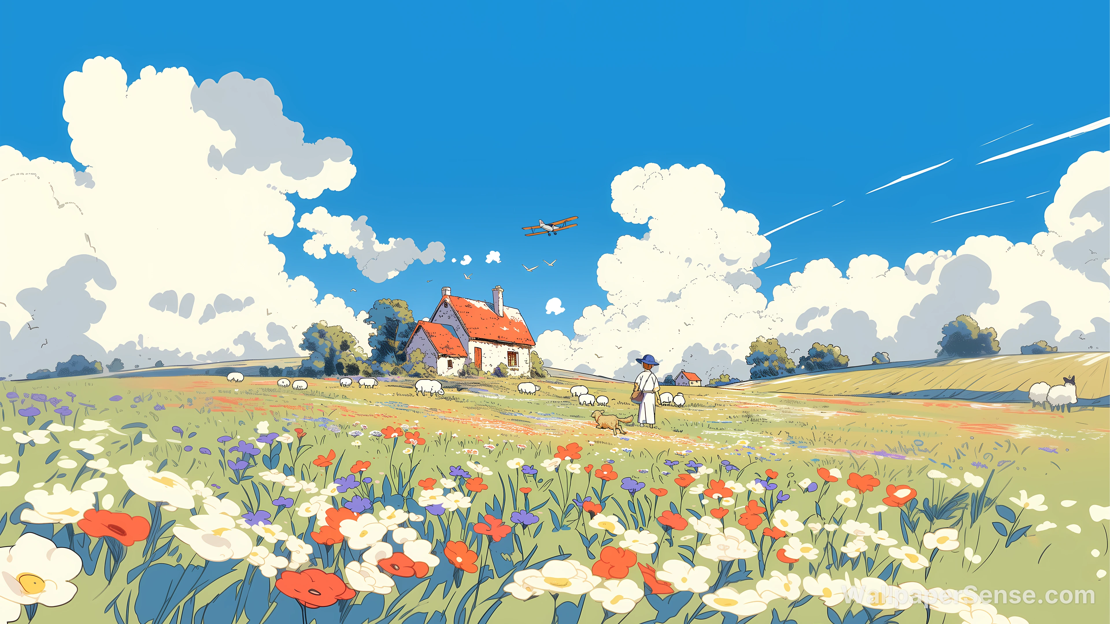 Ghibli-Style Flower Field Cottage 8K Ultra HD Desktop Wallpaper