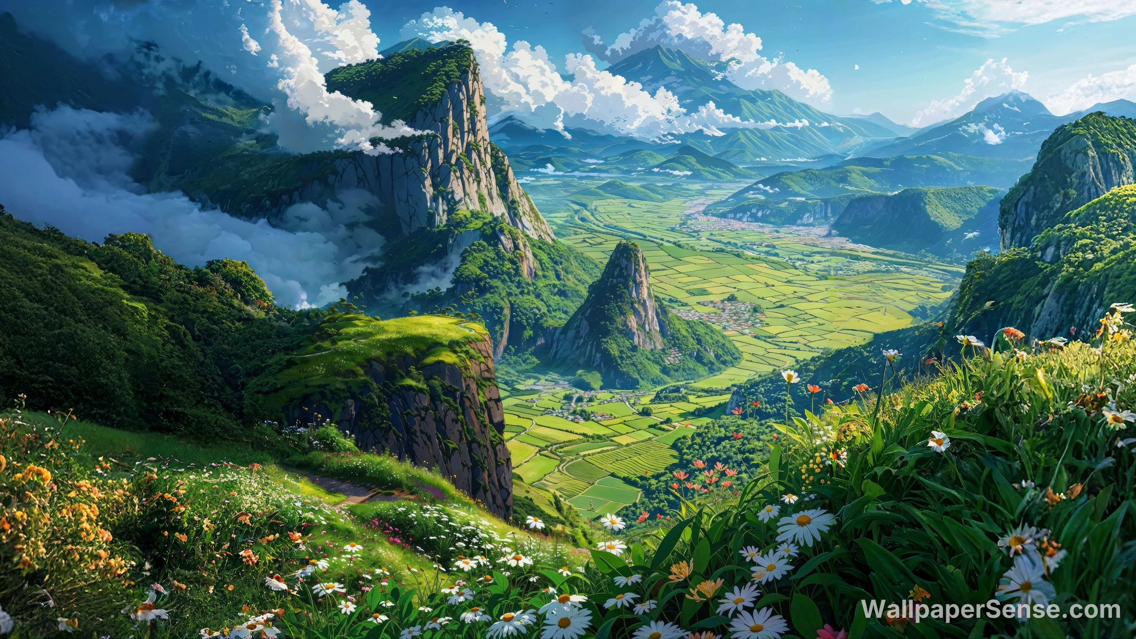 Sfondo Desktop in Stile Anime con Valle Montuosa 8K Ultra HD