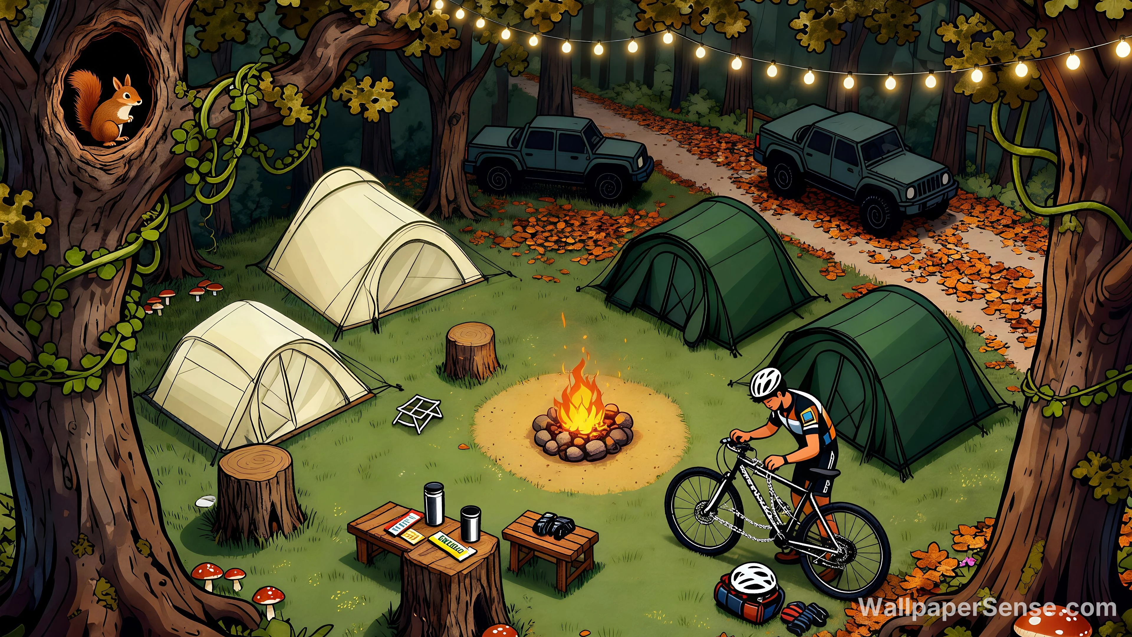 Cartoon Forest Camping 8K Ultra HD Desktop Wallpaper