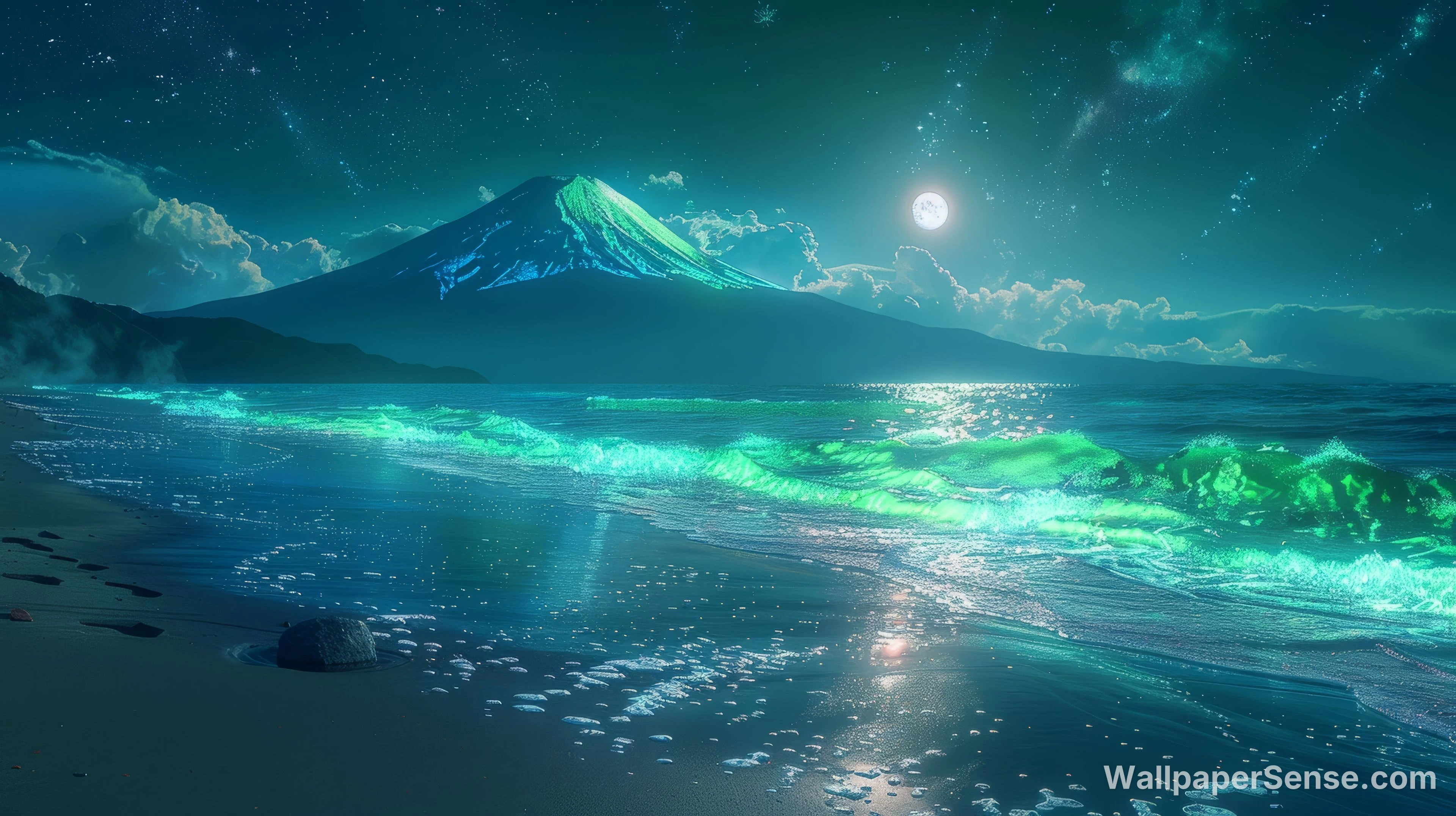 日本富士山月光海滩 8K超高清桌面壁纸 - Premium wallpaper in 8000x4484 resolution