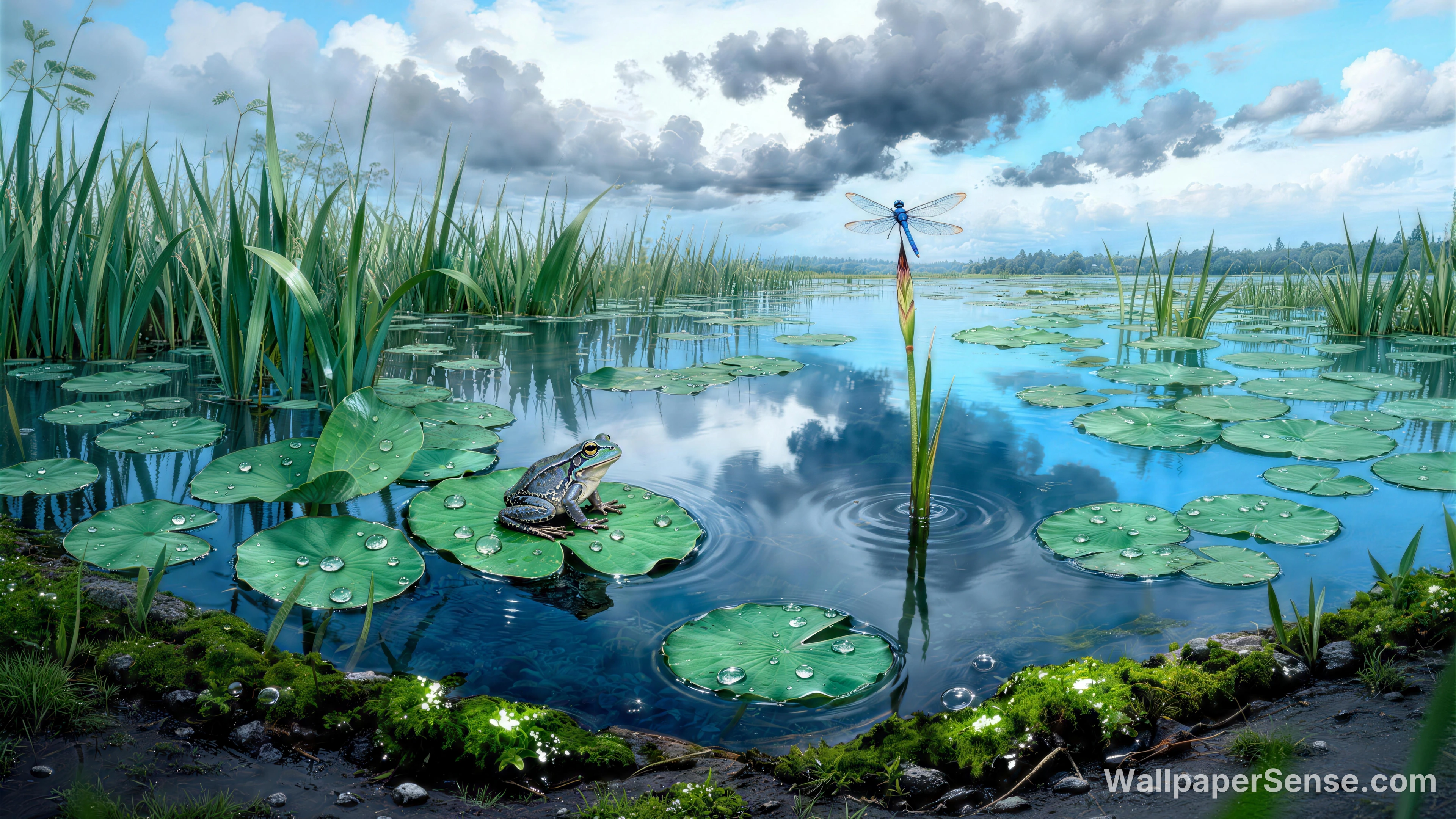 Österländsk tuschtecknad lotusdamms groda 8K-skrivbordsbakgrund - Premium wallpaper in 8192x4608 resolution