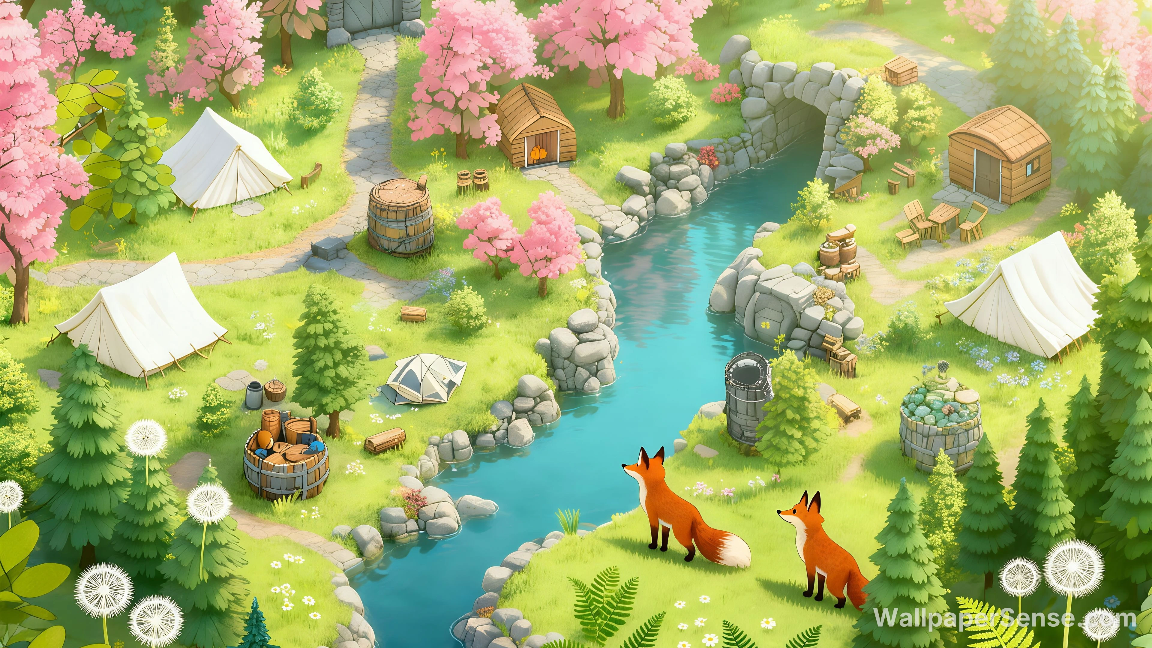 Cartoon Forest Stream 8K Desktop Wallpaper