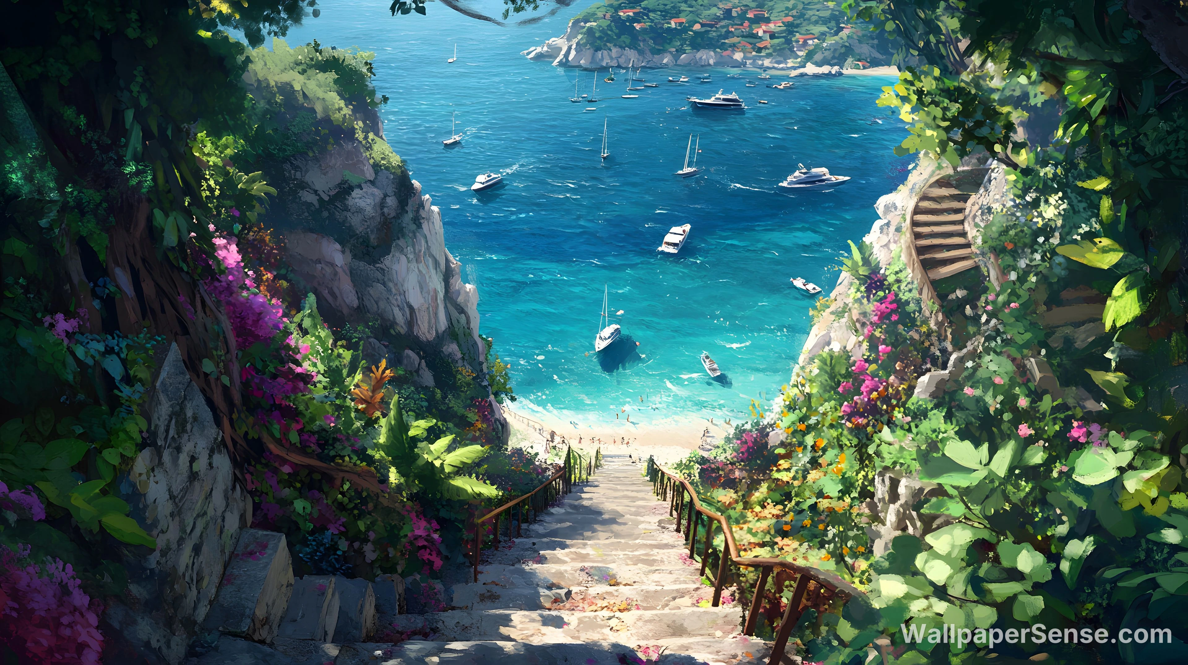 Anime-stil kysttrappe, 8K ultra HD baggrundsbillede