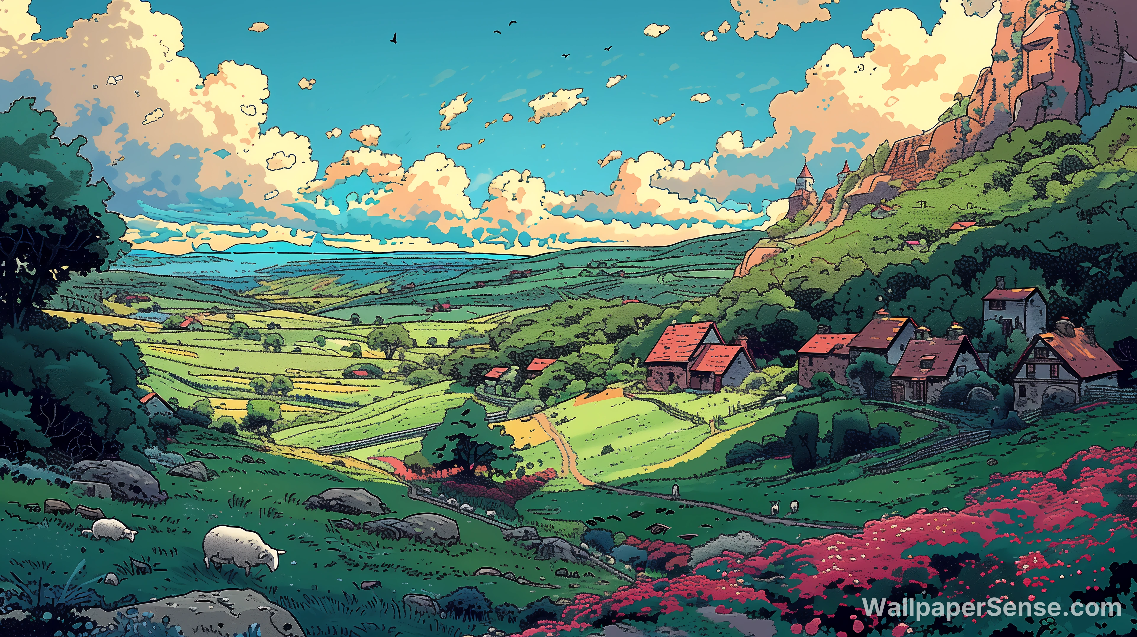 Pastoral Valley Village 8K Ultra HD Wallpaper Collectie - Studio Ghibli-stijl dorp in een dal 8K Ultra HD bureaubladachtergrond