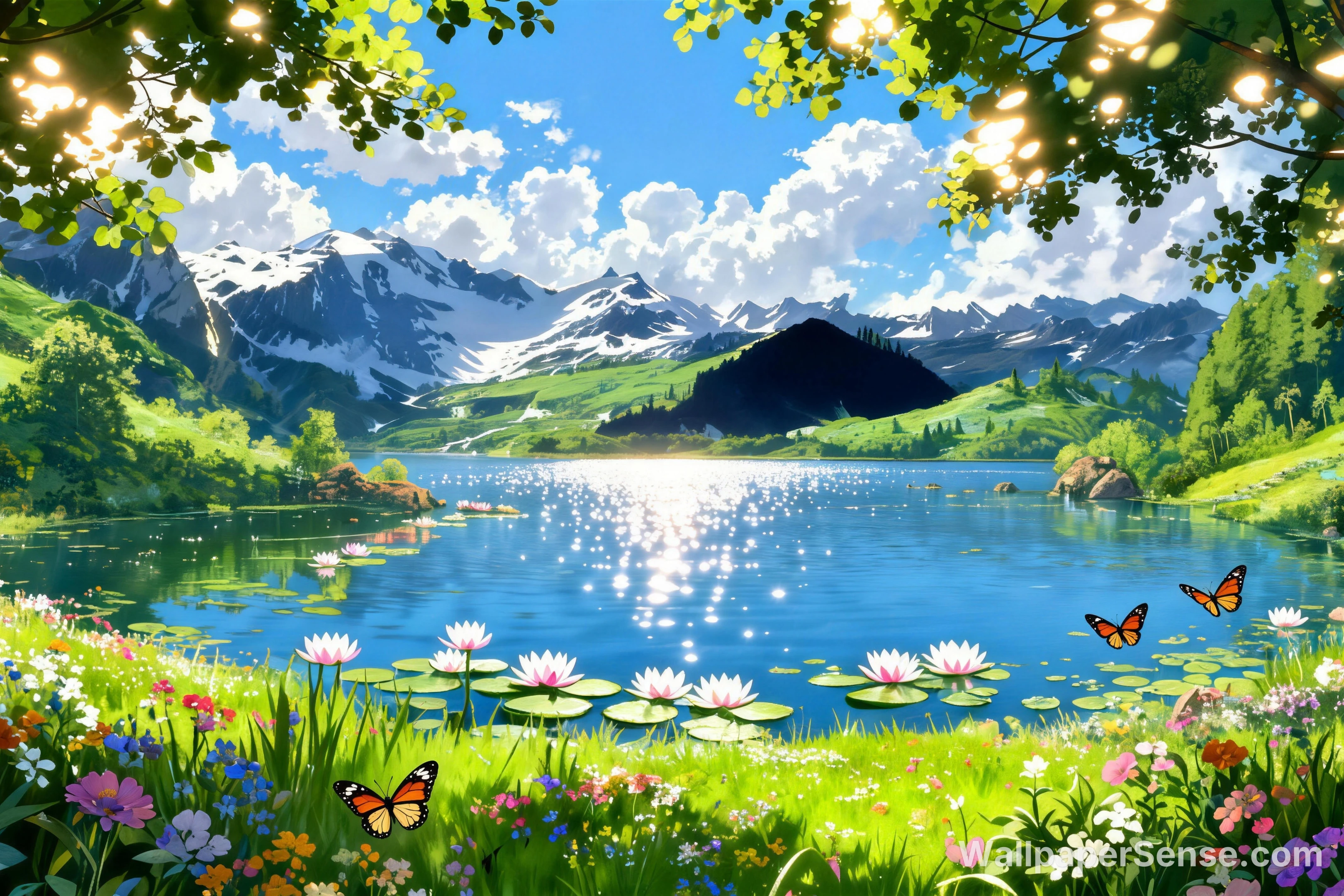Japonský anime styl údolí – balíček tapet 8K Ultra HD - Animeový motiv jezera a hor v rozlišení 8K pro plochu