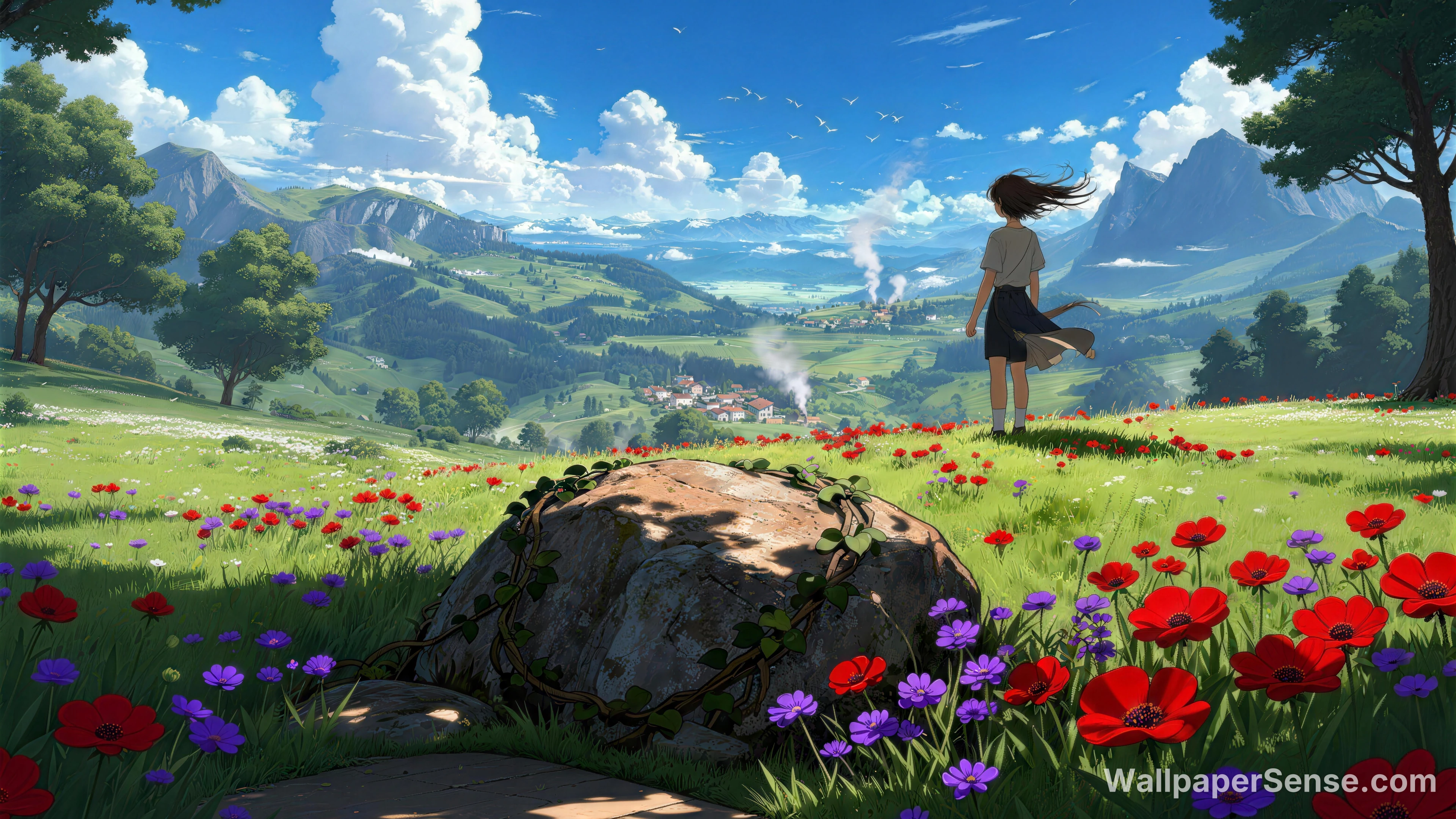 Miyazaki-stil: Blommande dal i bergen, 8K-skärmbakgrund - Premium wallpaper in 8192x4608 resolution