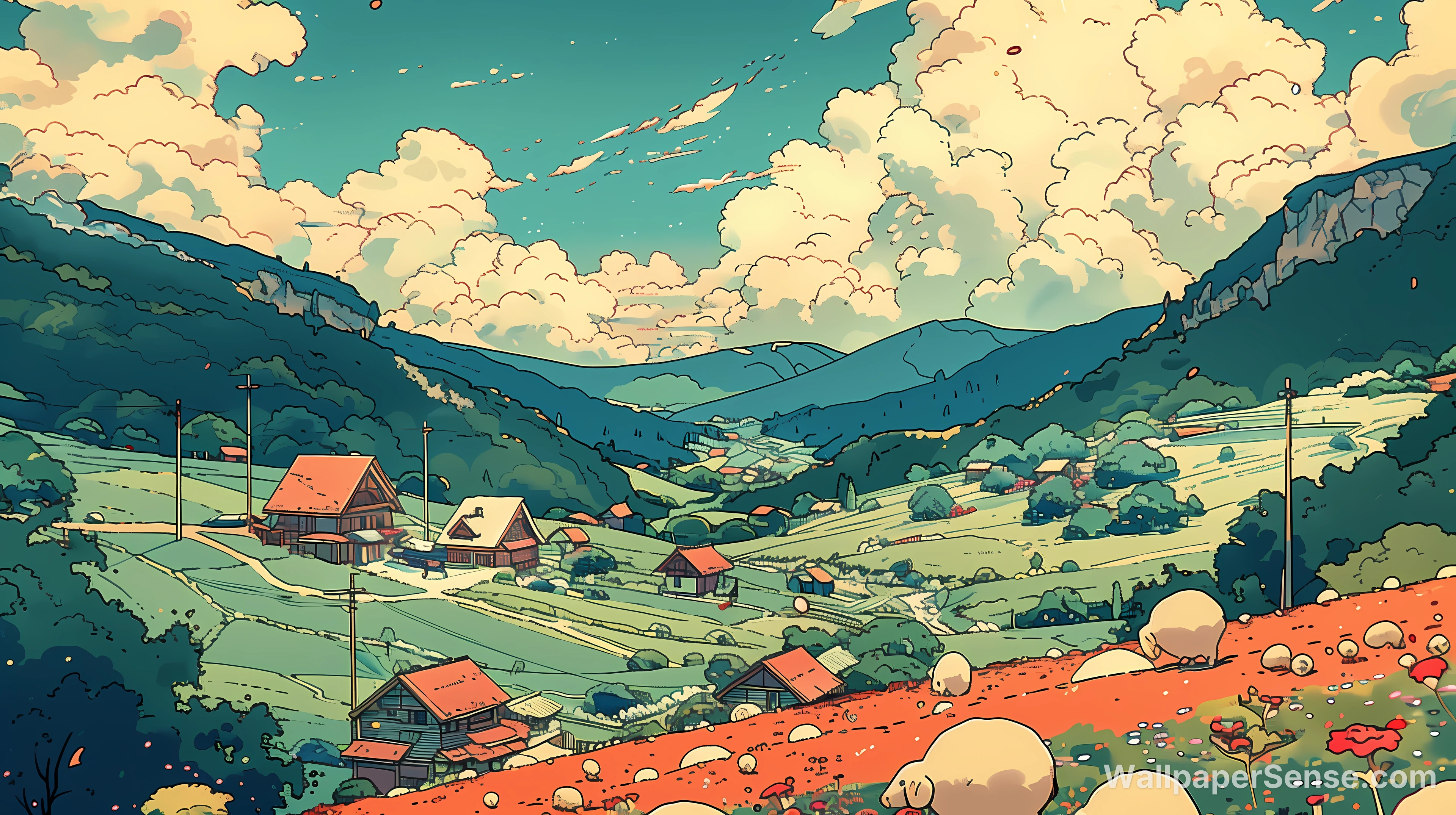 Japonské vesnické údolí 4K 8K Ultra HD sbírka pozadí - Anime vesnice v údolí 4K stolní pozadí