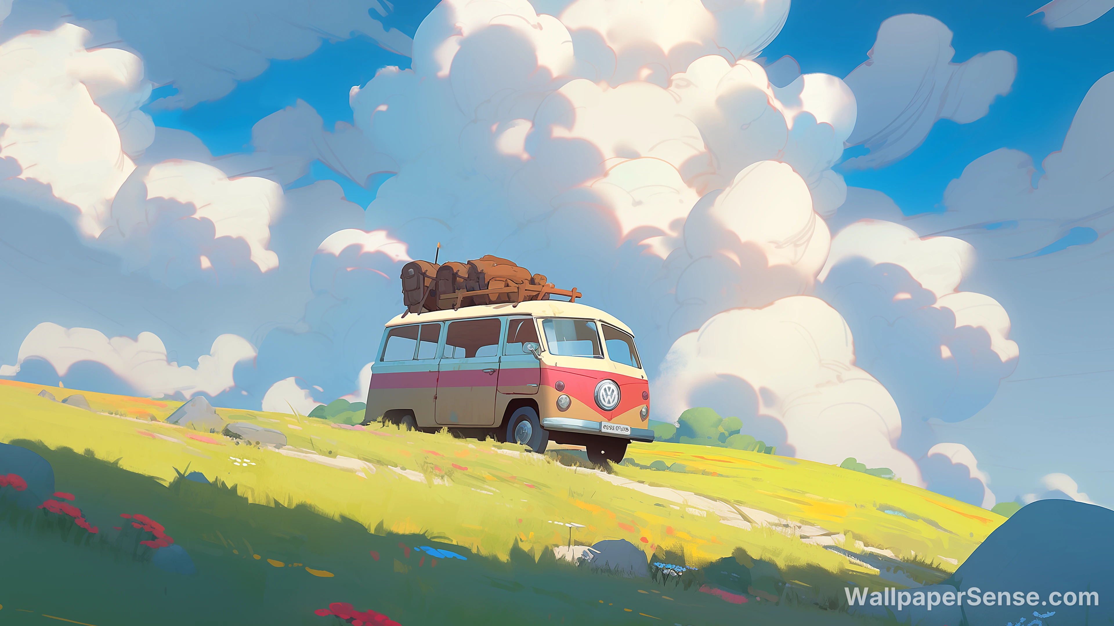 Van Vintage Gaya Anime di Padang Rumput 4K Wallpaper Desktop - Premium wallpaper in 3840x2160 resolution