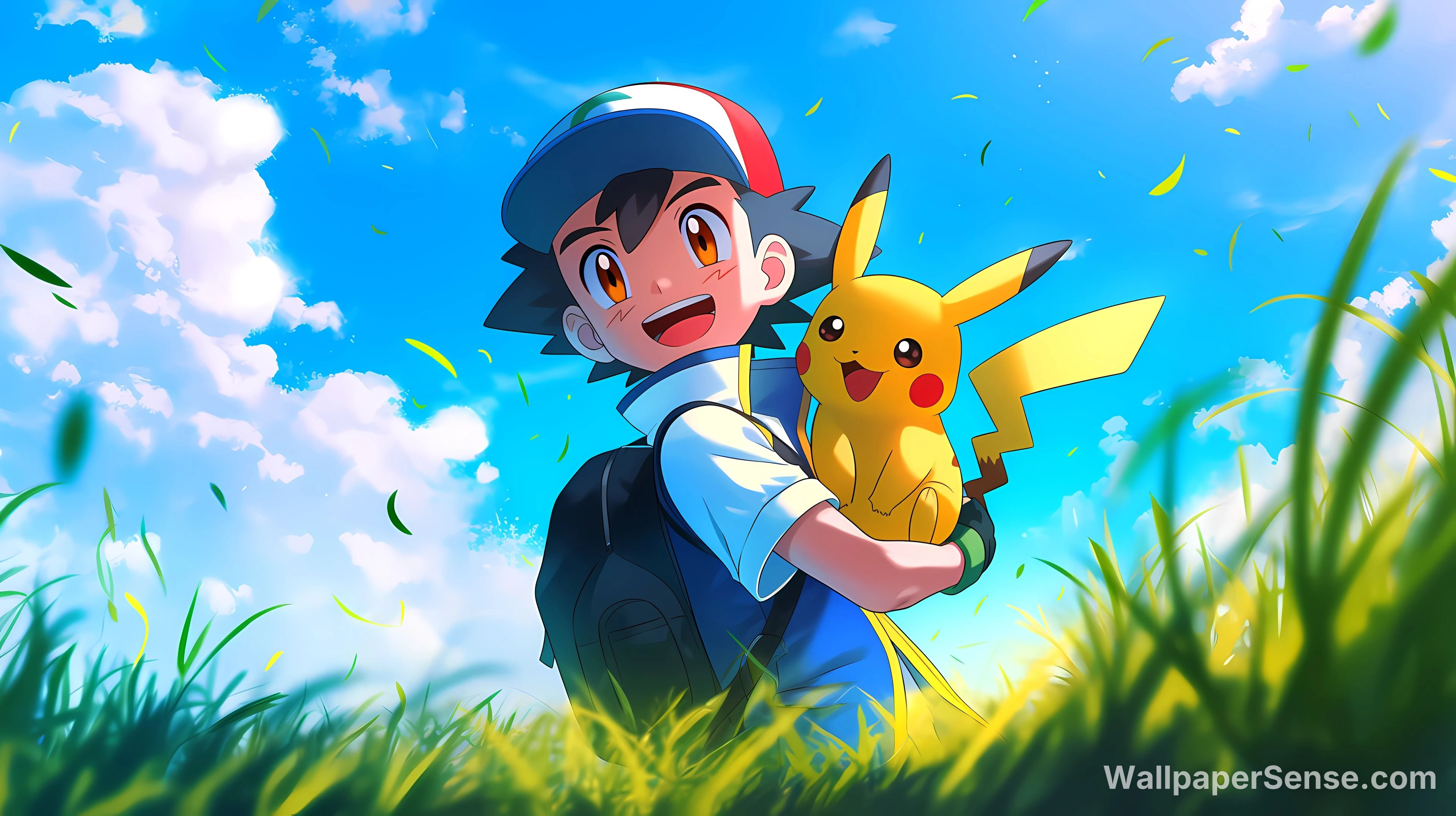 Anime-stil Pokémon-træner og Pikachu 4K skrivebordsbillede