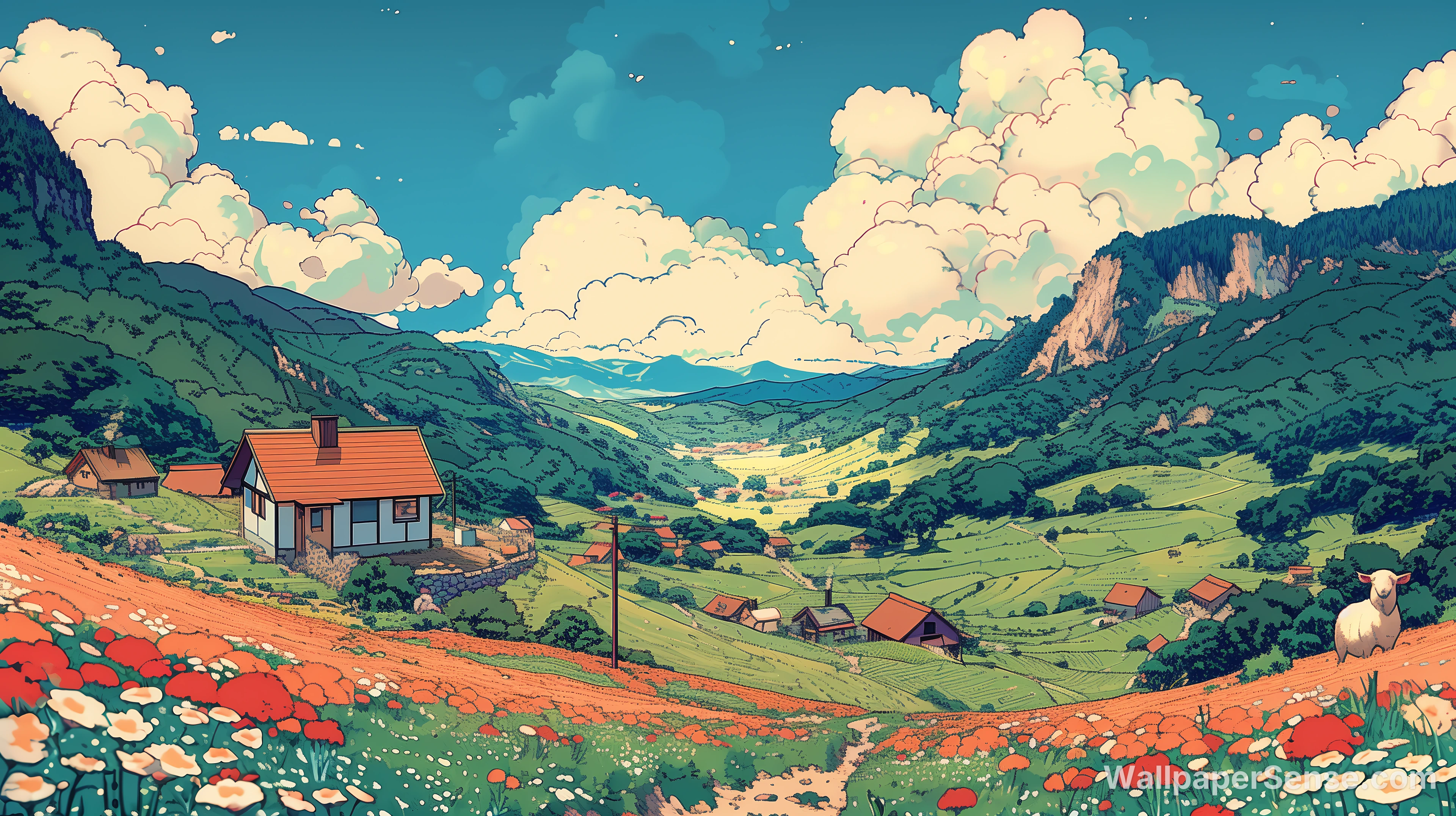 Studio Ghibli-stijl bergvallei 8K Ultra HD bureaublad achtergrond
